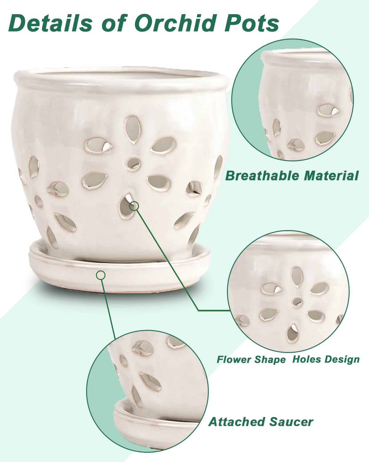 5 Inch Ceramic Orchid Pots with Holes and Saucers - 1 Pcs Small Ceramic Orchid Planter Pots for Repotting, Plant Flowerpots for Orchid Indoor and Outdoor Promotes Air Circulation, White