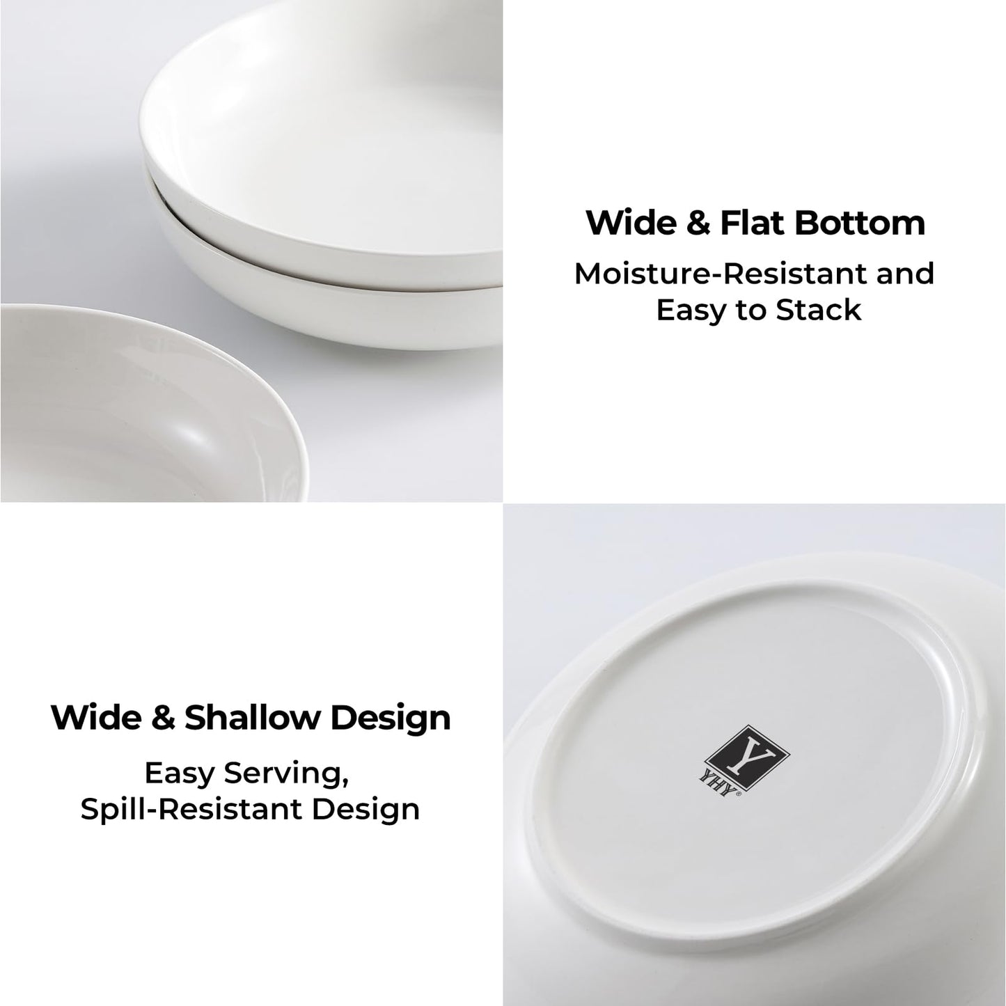 Y YHY 9.75" Pasta Bowls Set of 4, Large Shallow White Ceramic Salad Bowls, 50oz Wide Dinner Bowls for Pasta, Soup, Salad & Stew, Microwave & Dishwasher Safe, Housewarming Gift