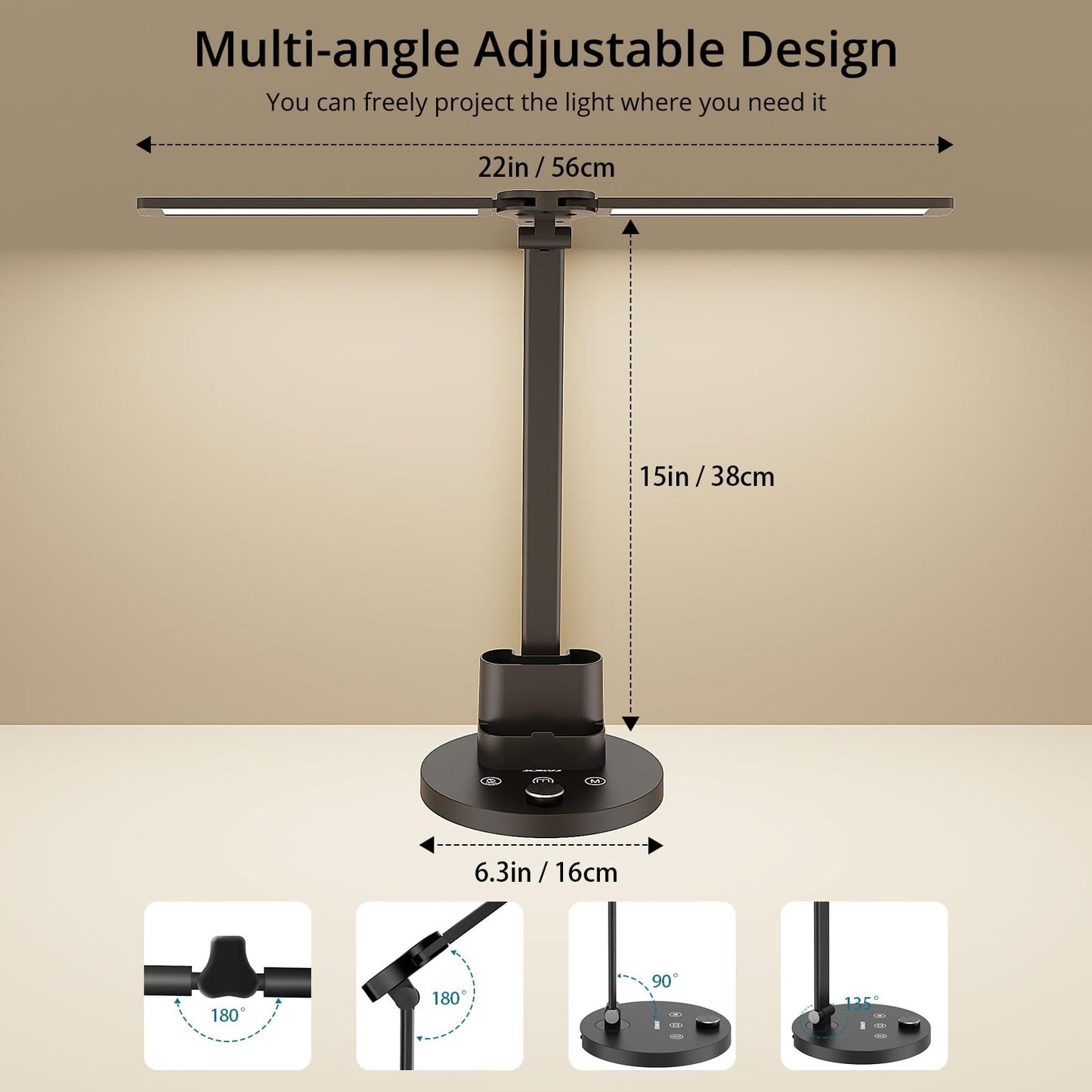 Semlos 10W LED Desk Lamp for Home Office, Touch Control, Adjustable Brightness, 3000K-6500K Color Temp, 45-Min Timer, Reading Mode, Dual-Arm Table Light with Charger & Pen Holder, Black