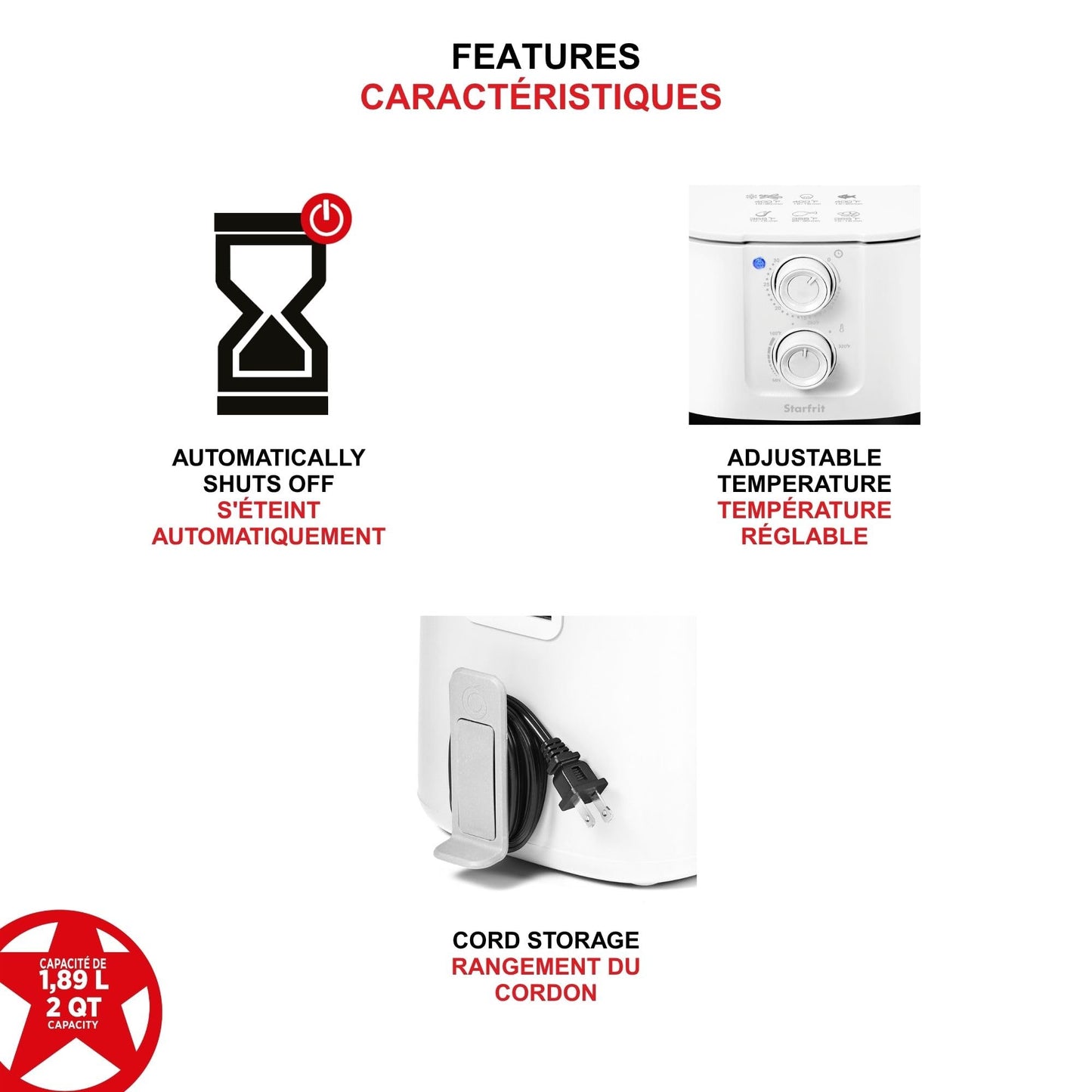 Starfrit Electric Air Fryer – 2QT/1.89L Compact Capacity – Adjustable Temperature Control – Removable Non-Stick Basket – 30-Minute Auto Shut-Off - 900 Watts