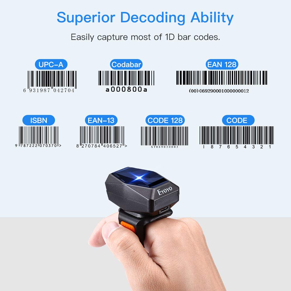 Eyoyo 1D Bluetooth Wearable Ring Barcode Scanner, Portable Mini Finger Bar Code Reader with 2.4G Wireless & USB Wired Connection for iPhone Android iOS, for Book, Warehouse Inventory, Express