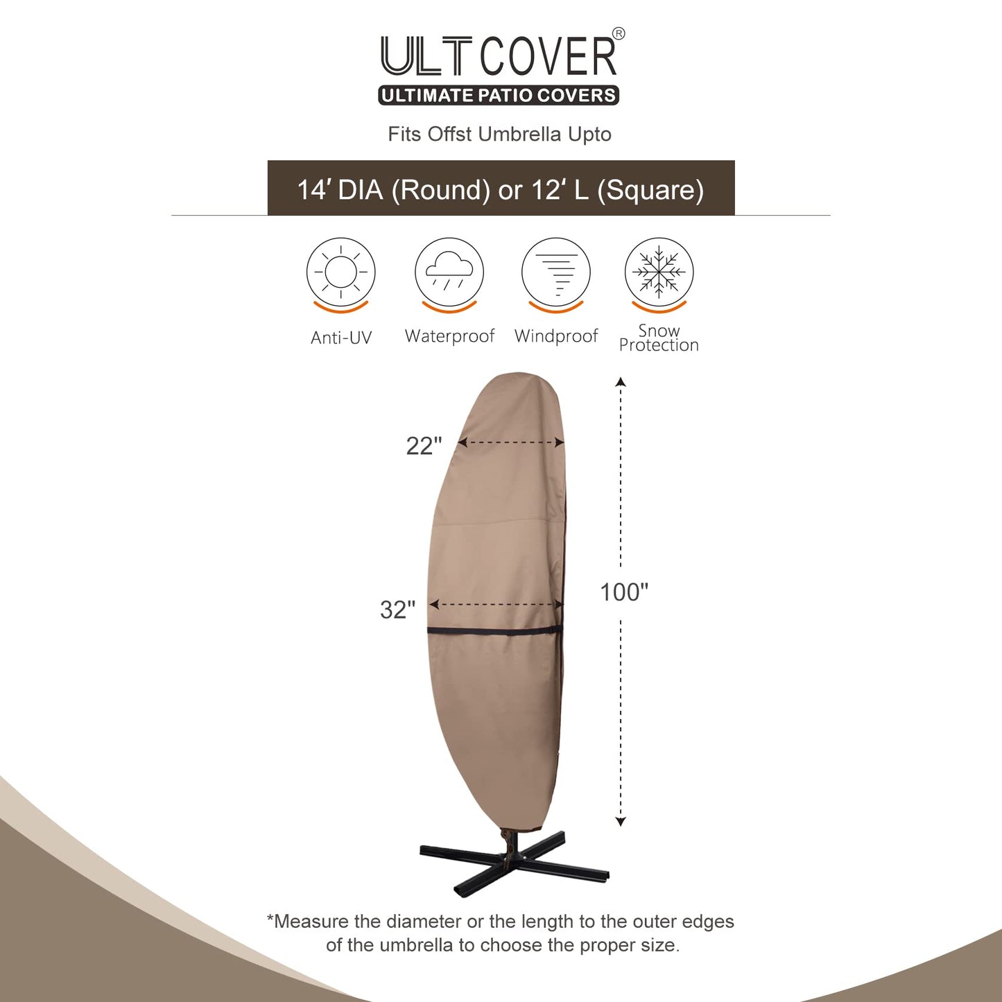 ULTCOVER Patio Parasol 600D Waterproof Outdoor Offset Banana Style Umbrella Cover - Fits Cantilever Offset Umbrella 12-14 Feet