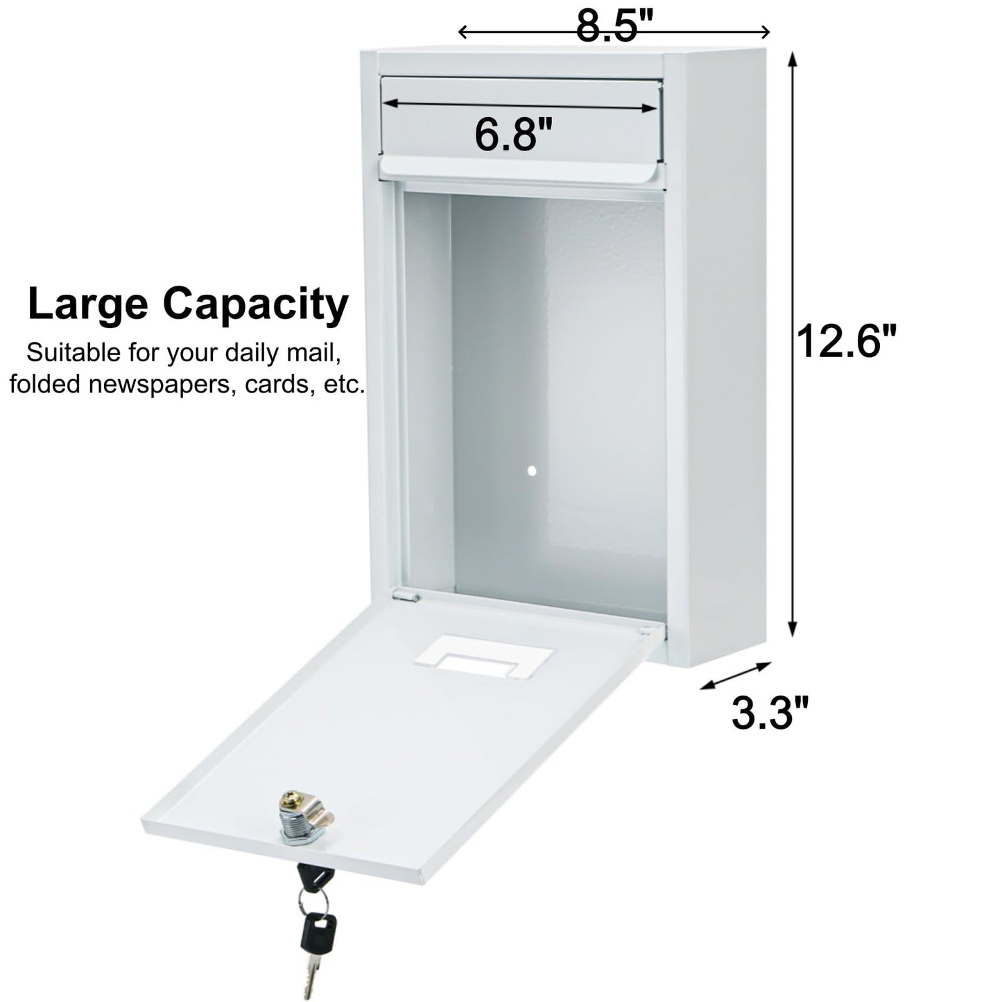 DEAYOU Wall Mount Mailbox with Key Lock, Locking Mail Box for Outside, Steel Cover Metal Dropbox, Security Postbox with Slot for Envelope, Letter, Home, Office, 12.6" H x 8.5" L x 3.3" W, White