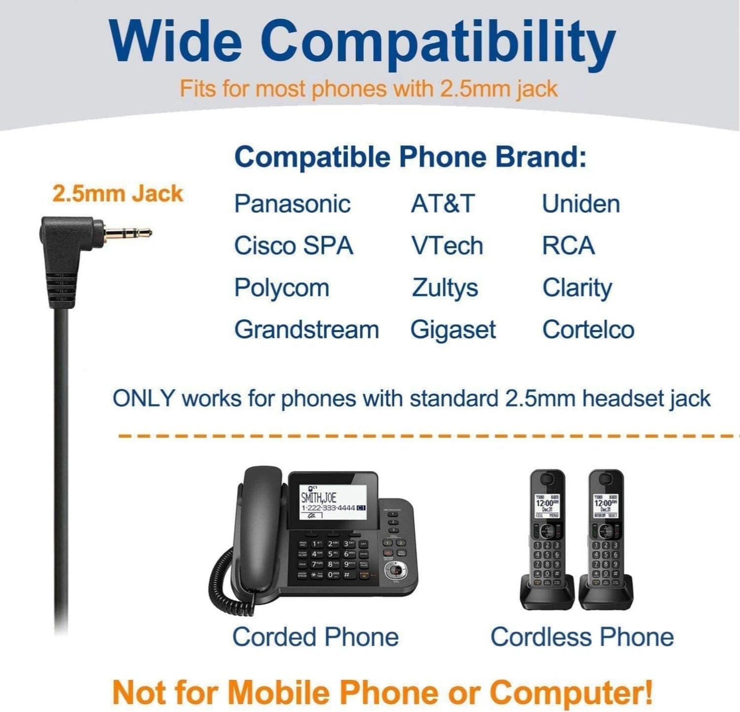 Wantek Phone Headset with Microphone Noise Cancelling, Telephone Headsets 2.5mm Jack Work for Panasonic AT&T ML17929 Vtech RCA Uniden Polycom Grandstream Home Office Cordless Phones(F600J25P)