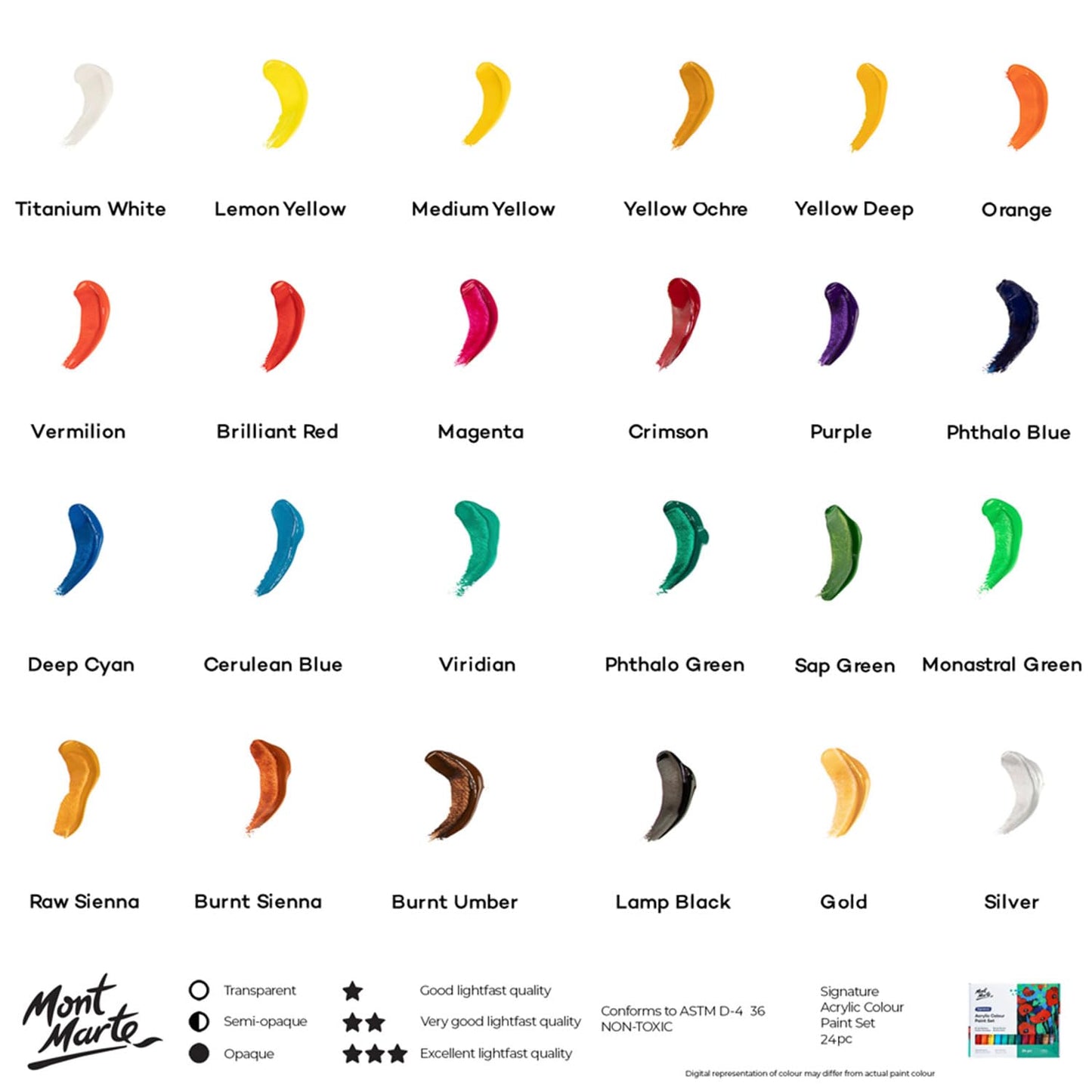 Mont Marte Acrylic Colour Paint Set Signature 24pc x 36ml (1.21 US fl.oz), Acrylic Paint kit Ideal for Canvas, Wood, Air Dried Clay, Cardboard and More, Great Beginner Acrylic Paint Set, Includes 24 Colours