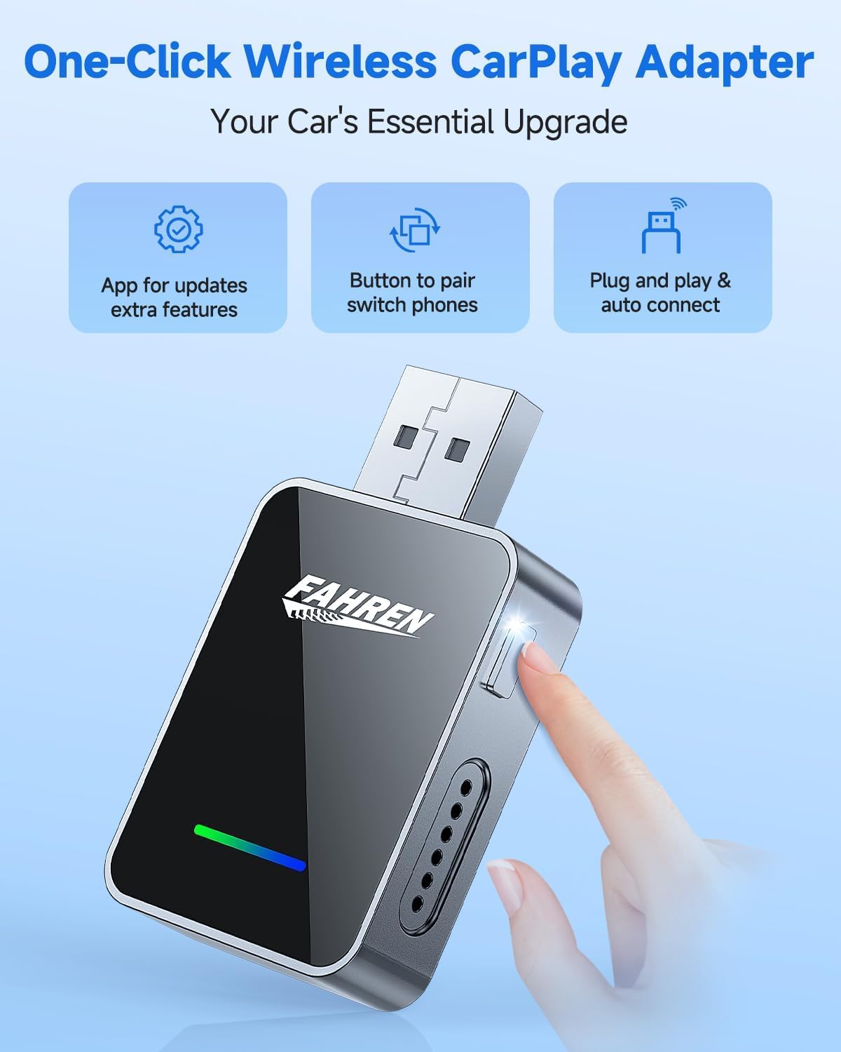 FAHREN 𝟐𝟎𝟐𝟔 𝐔𝐩𝐠𝐫𝐚𝐝𝐞𝐝 2-in-1 Wireless CarPlay Adapter & Android Auto Adapter, One-Click Disconnect & Device Switching, Mini Size 3s Auto Reconnect, Stable 5GHz WiFi & Bluetooth, Plug & Play