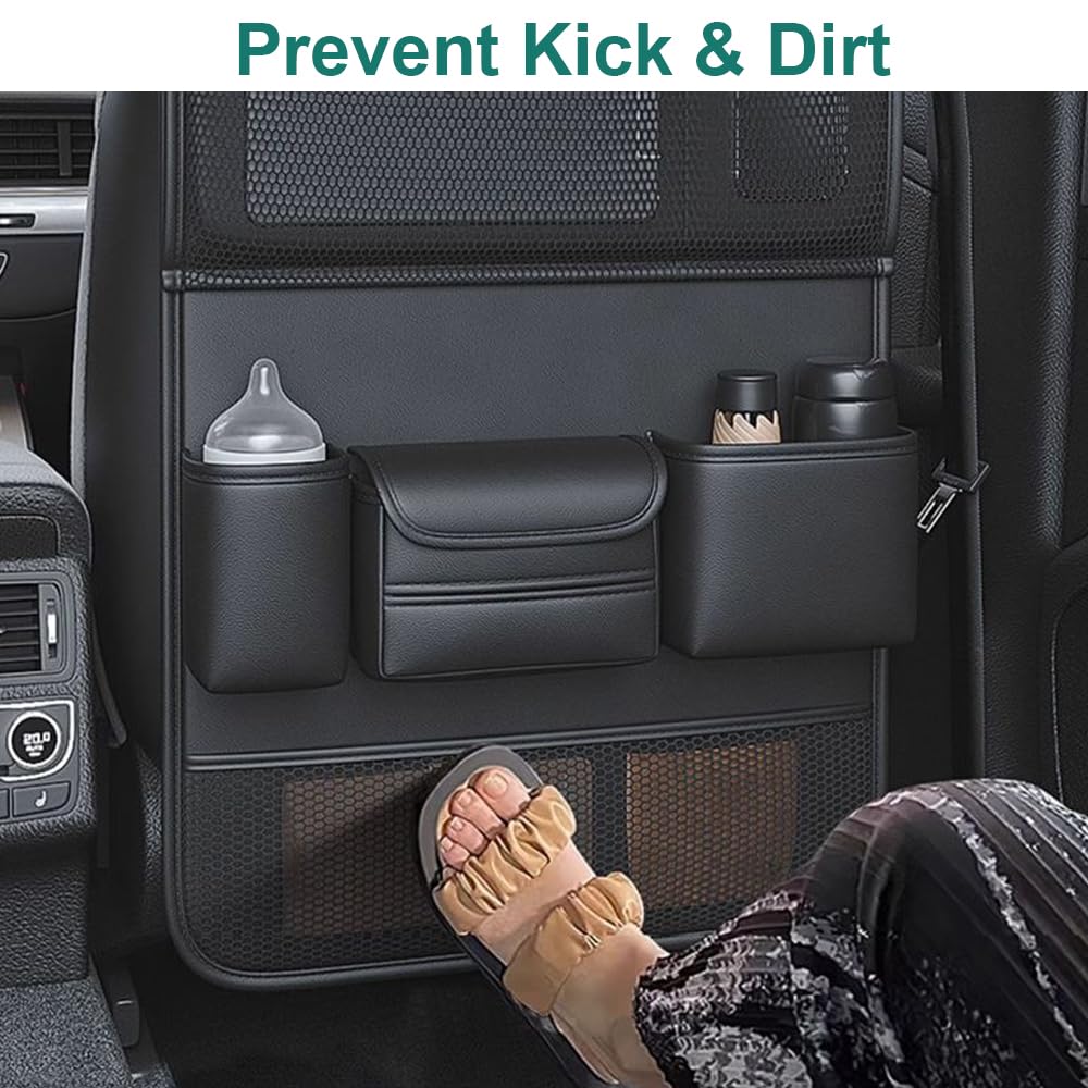 2 Pack Car Back Seat Organizer Leather Car Storage Organizer with Foldable Food Table Tray and Pockets Kick Mats Backseat Protector Travel Accessories (2, Black)
