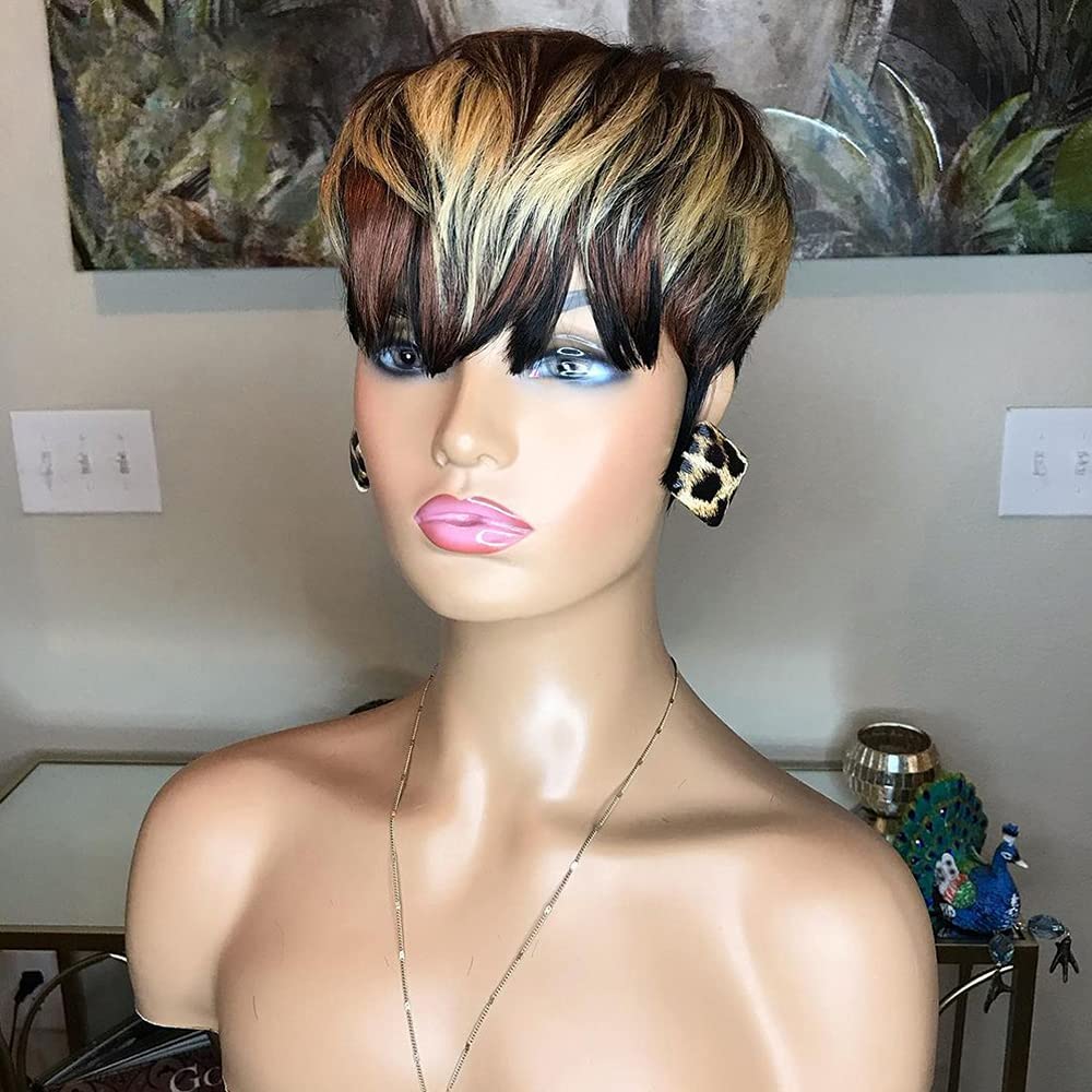 QiaQiaRing 1B/4/27 Pixie Cut Wigs for Black Women Brazilian Human Hair Short Wigs with Bangs Black Mixed Brown and Blonde 150% Density Glueless Wigs
