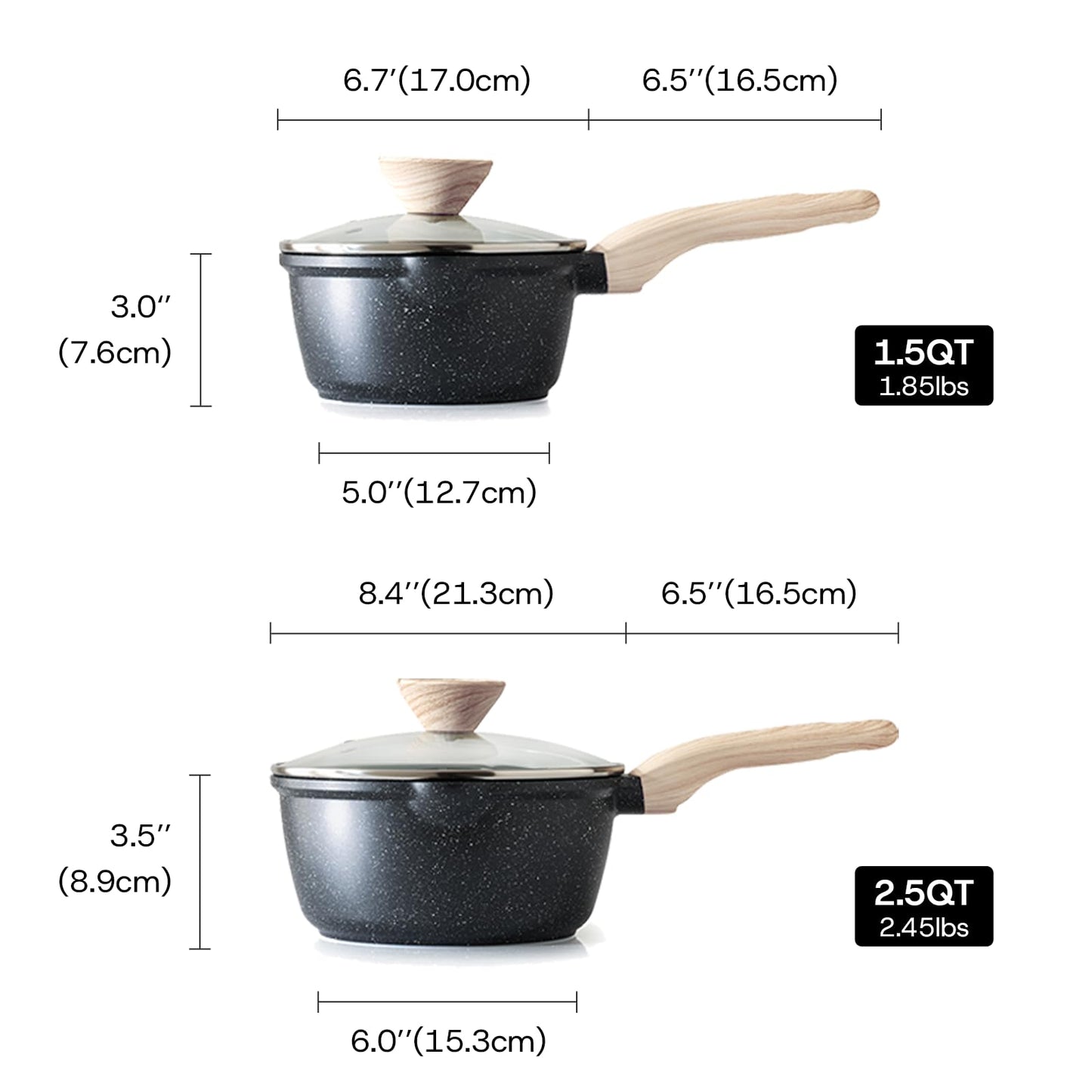 Kordisen Sauce Pan Set with Lid, 1.5Qt & 2.5 Qt Nonstick Saucepan Non Stick Sauce Pots Cooking Pot with Pour Spout, Easy to Clean, Small Kitchen Pots Induction Pot, PFOA Free (Black)
