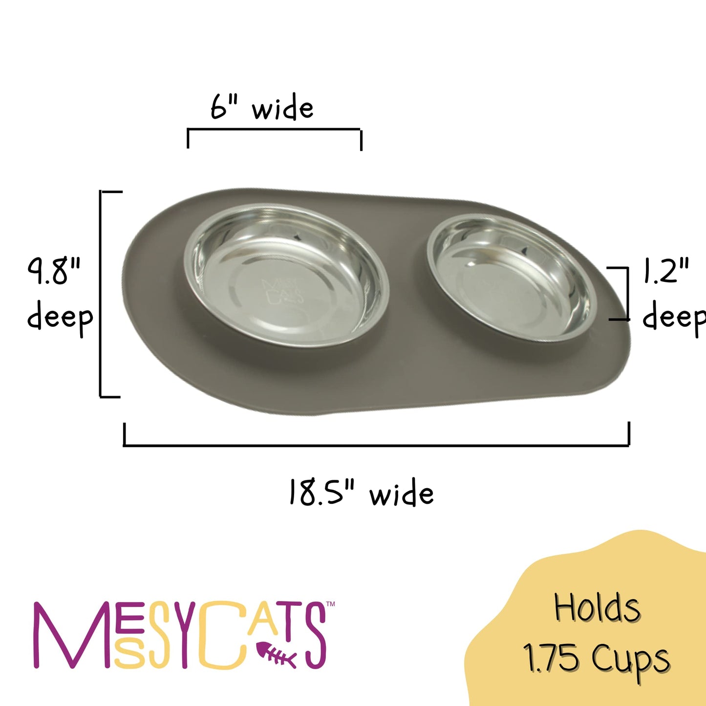 Messy Cats Double Silicone Feeder with Stainless Saucer Shaped Bowl | Anti-Slip Non-Skid Cat Food Bowls | Two Cat Bowls in Feeding/Water Station | 1.75 Cups per Bowl (Grey)