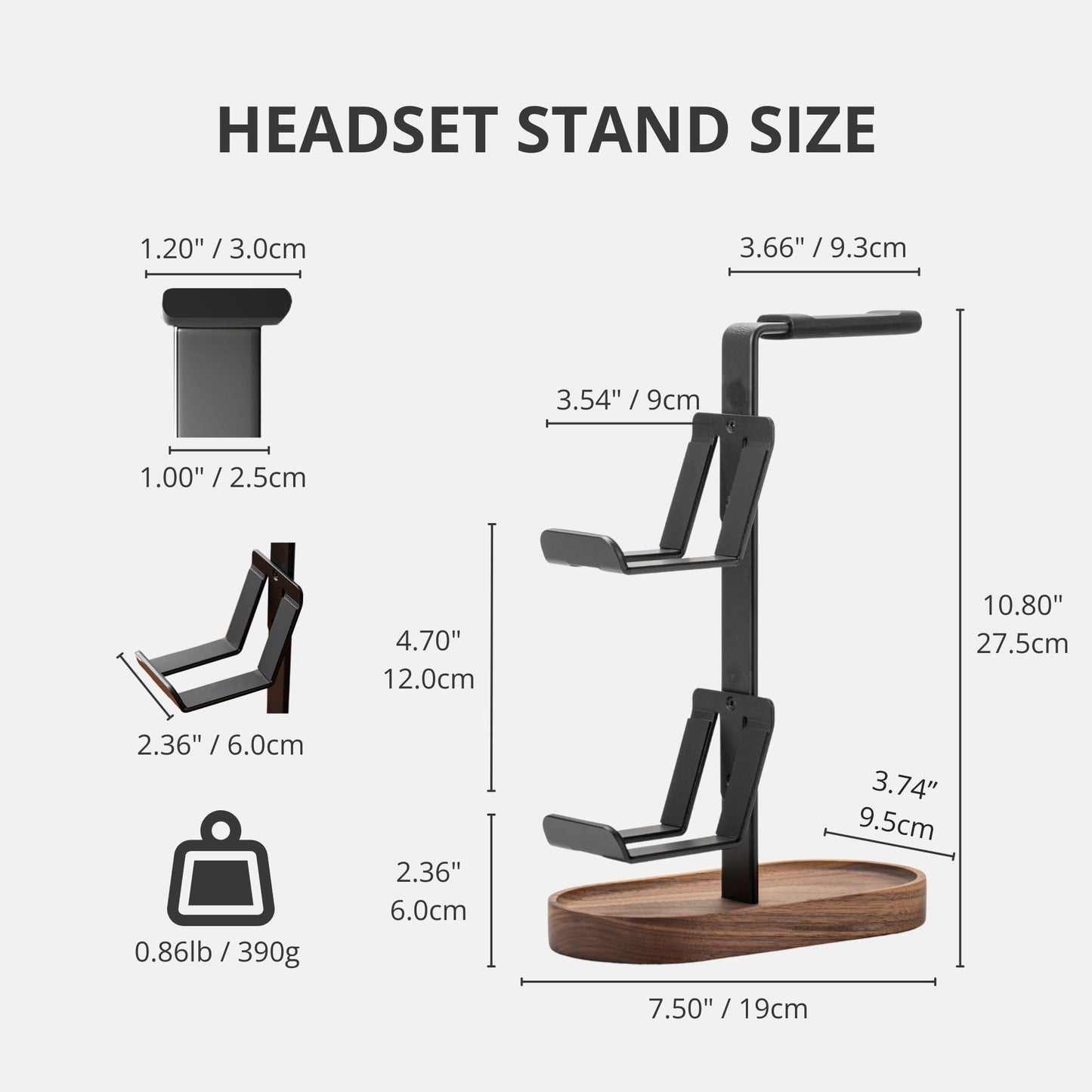 muso wood Gaming Headphones Stand, Walnut & Aluminum Headset Stand for Desktop Organizer, Suitable for PS5, Xbox, Switch, AirPods Max, Minimalist Desk Decor
