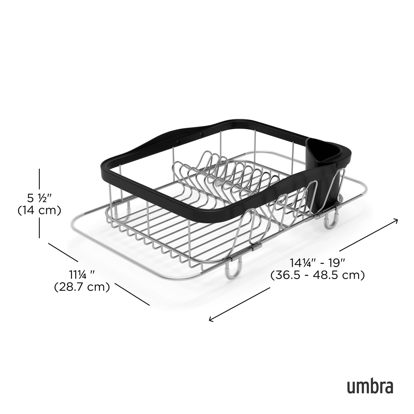 Umbra Sinkin Dish Drying Rack – Drainer with Cup Holders and Removable Cutlery Caddy – Use Over Sink, in Sink, or On Counter, Deluxe, Black/Nickel