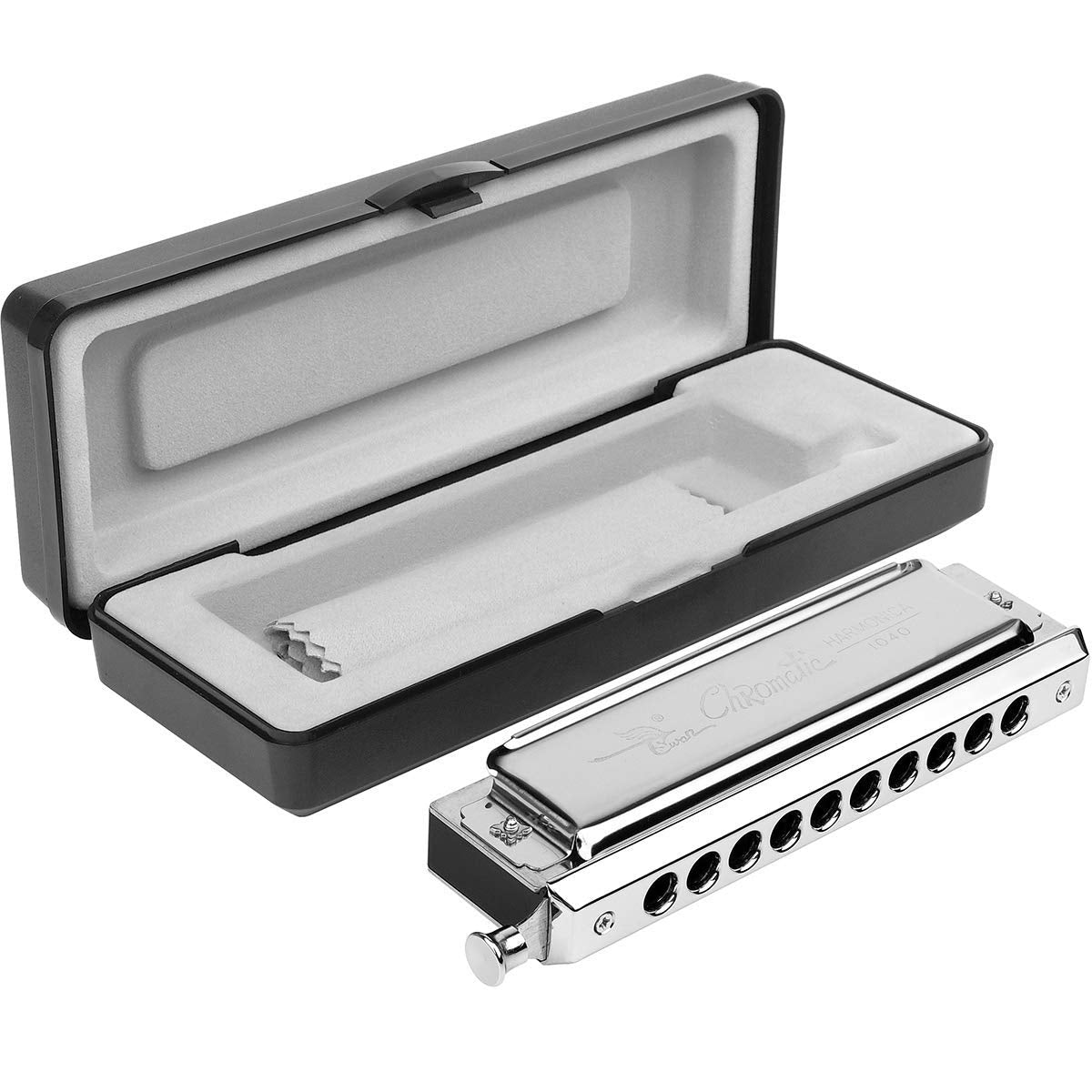 Chromatic Harmonica Professional Grade 10 Hole 40 Tone Key of C Stainless Steel Heavy Duty with Case & Cleaning Cloth for Professional Player,Band,Beginner,Students