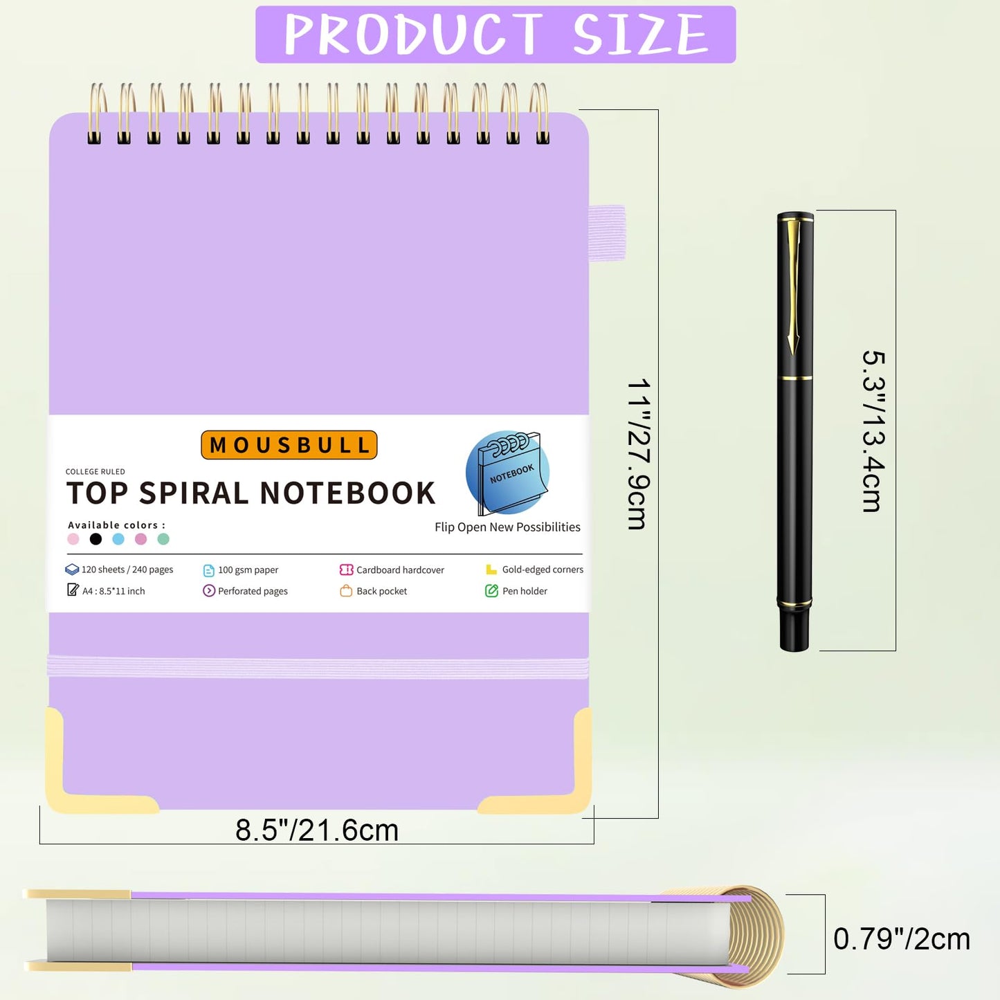 Top Spiral Notebook, A4 Hardcover Top Bound Steno Pads, 240 Pages 100gsm College Ruled Left Handed Notebook Journal for Work, School, Meeting Writing - Purple, 8.5" x 11"