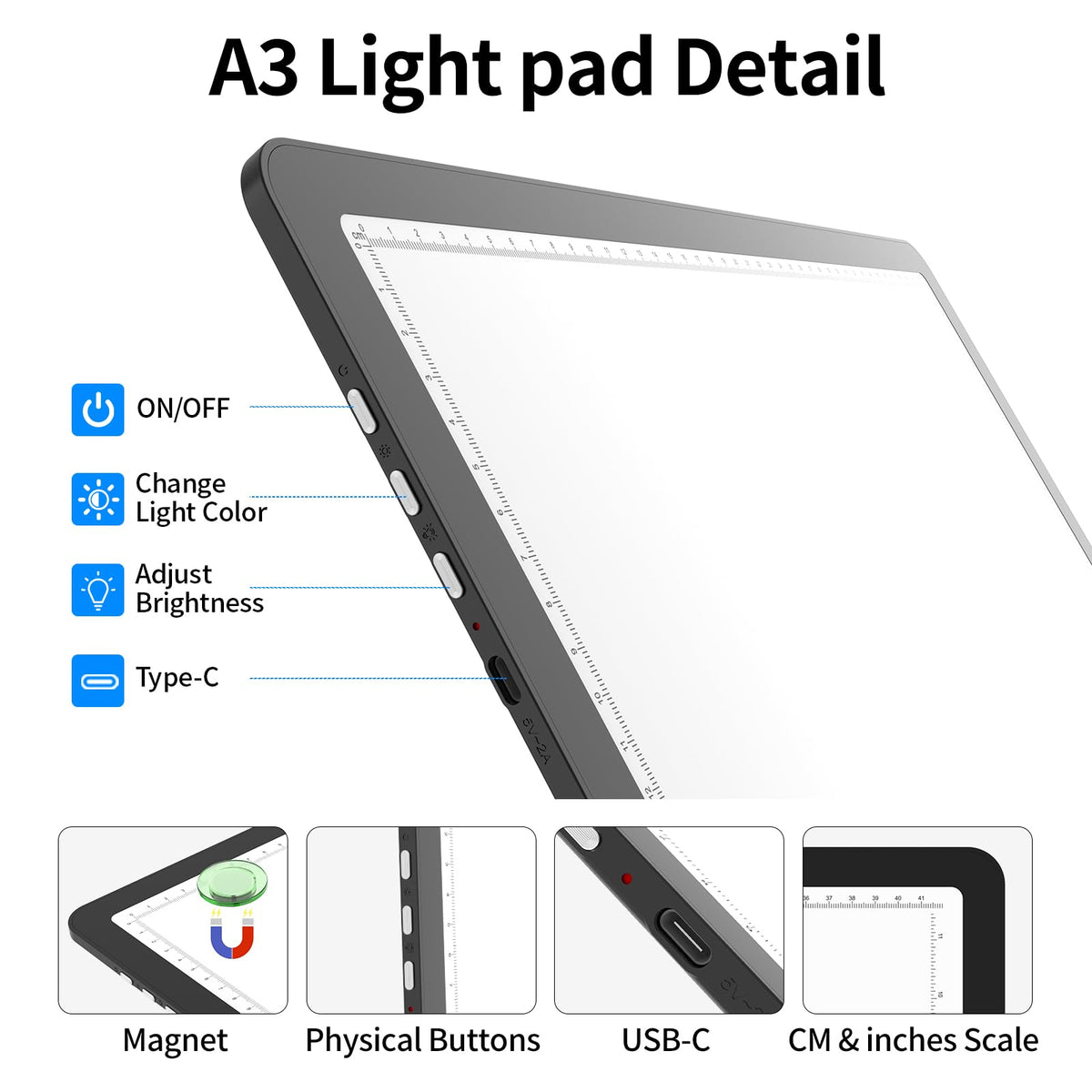 TOHETO A3 Light Board with Bag for Diamond Painting, Super Bright Magnetic Light Pad with Side Buttons, Lightbox for Tracing and Drawing, Corded Light Table for Sketching, Weeding Vinyl (Black)