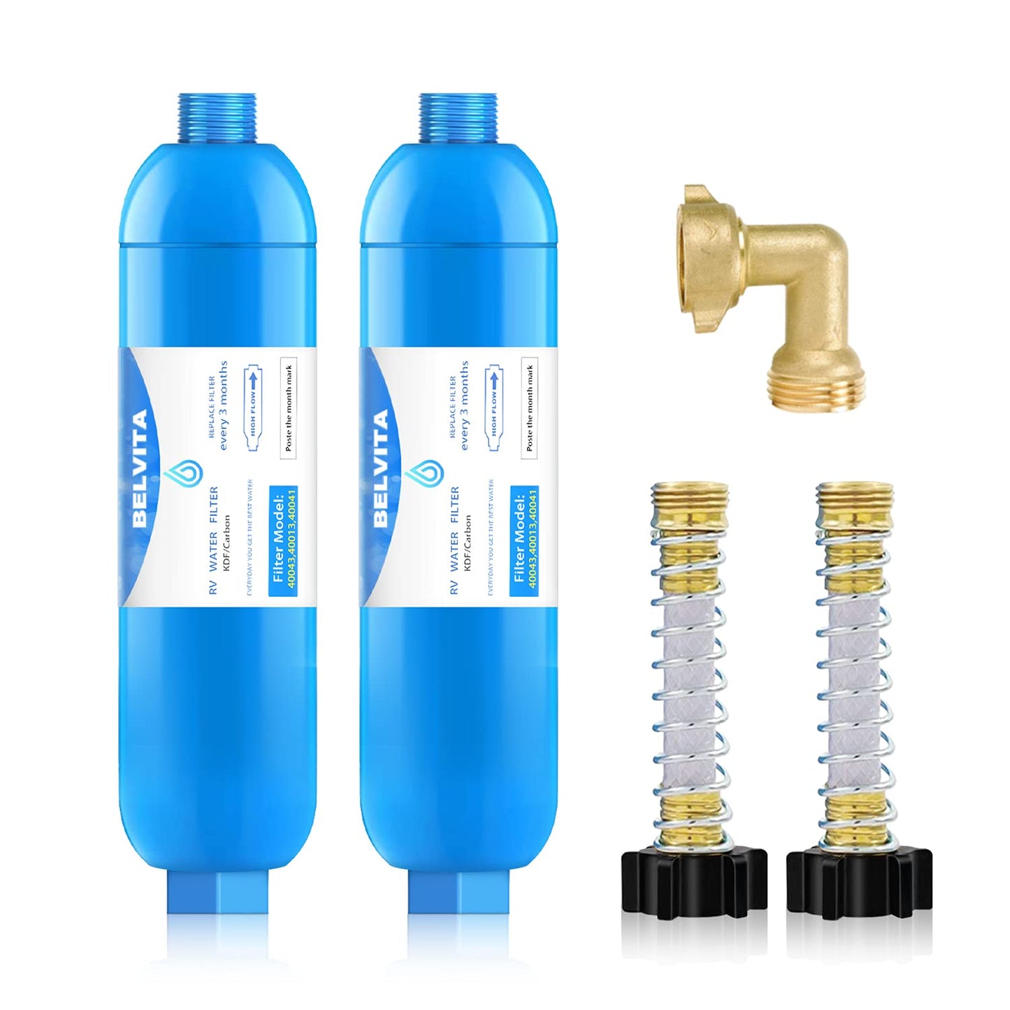 BELVITA RV Inline Water Filter with Solid Brass 90 Degree Hose Elbow, Eliminates Stress and Strain On RV Water Intake Hose Fittings(2 Pack)