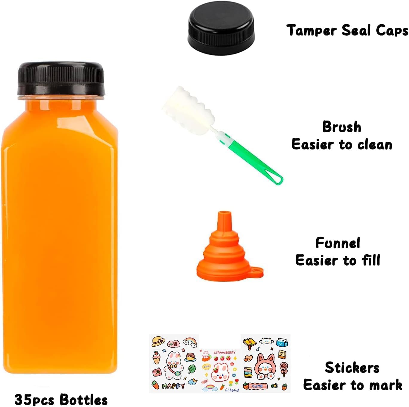 35 Pack 12oz Clear Plastic Juice Bottles with Caps, Empty Reusable Juice Bottles Bulk Square Beverage Containers for Juice Milk Water Smoothie Cold Drinks (Includes Labels, Brush & Funnel)