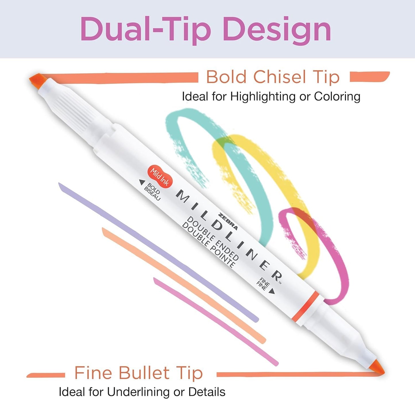 Zebra Pen MILDLINER Dual-Tip Highlighter Marker Set, Broad and Fine Point Tips, No Bleed, Ideal for Bible Highlighting, Journaling, School and Office Supplies, Assorted Ink Colours, 25-Pack (78525)