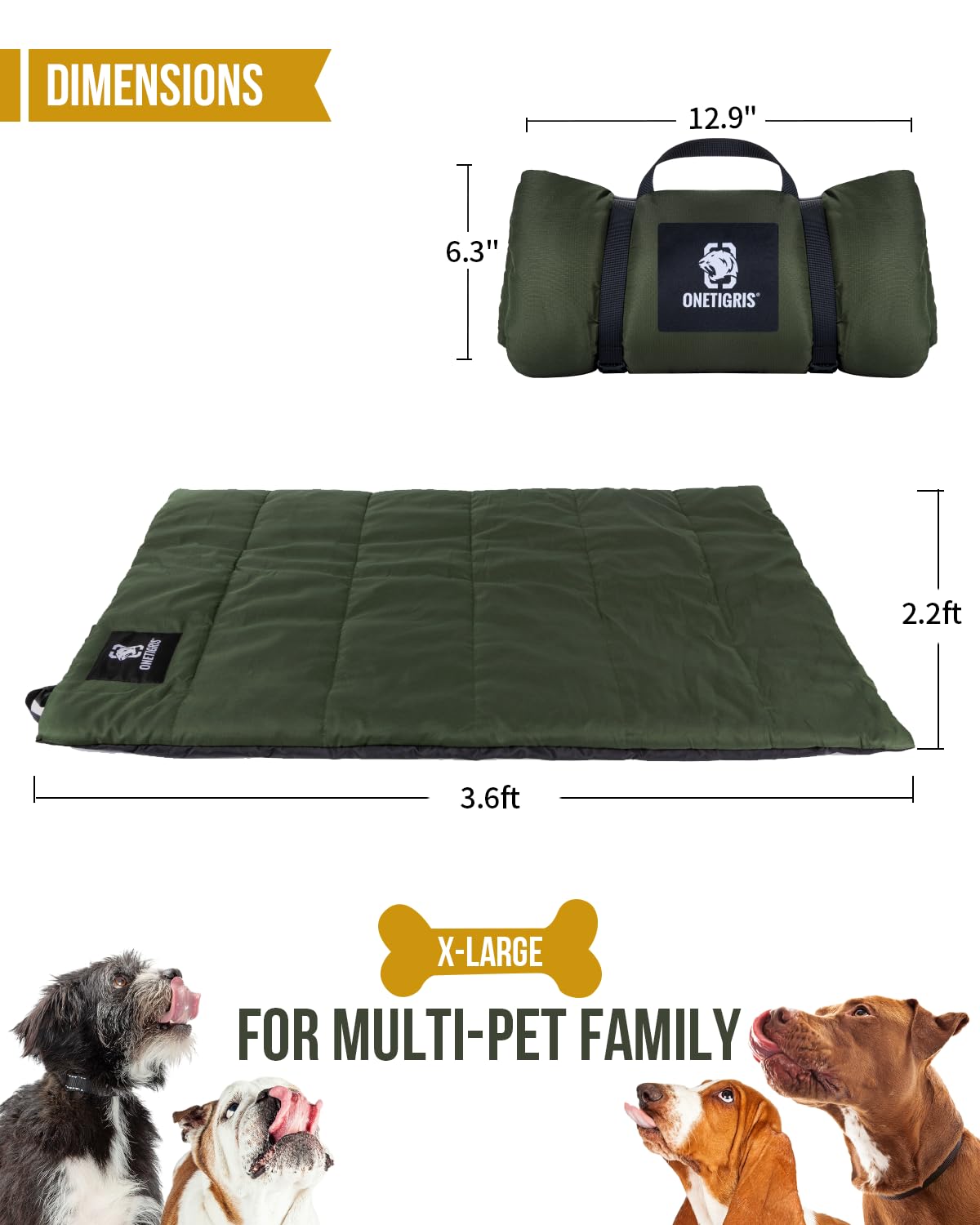 OneTigris Large Dog Bed Washable Matteress Anti Slip Cushion for Pets Sleeping, 3.6ft by 2.2ft Water-Resistant Pet Bed for Indoor Outdoor (Medium)
