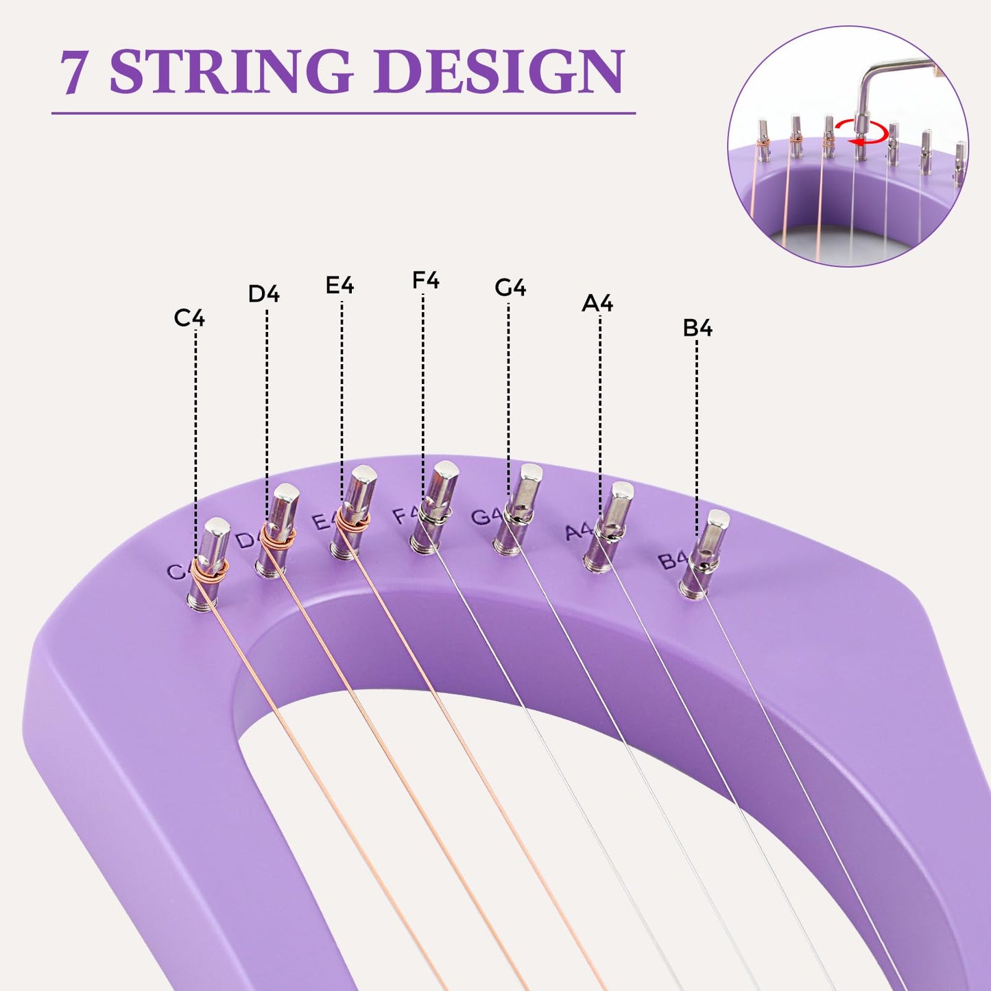 Lyre Harp VANPHY Lyre Harp 7 Strings Mahogany Body Metal String for Beginner Harps Classical Style Harp Instrument with Tuning Wrench Strings Gig Bag (Purple)