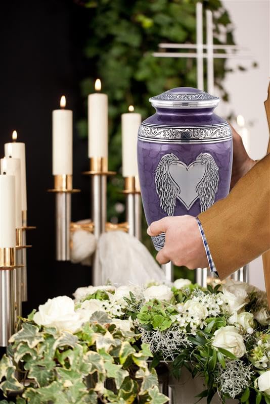 Angel Wings Urn - Loving Angel Wings Cremation Urn for Ashes - Handcrafted Angel Wings & Heart Adult Urn - Large Wings of Love Memorial Urn with Velvet Bag (Purple)