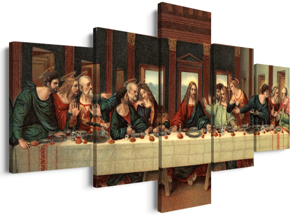 5 Piece Last Supper Wall Art Christian Wall Decor Jesus Posters Leonardo Da Vinci Dining Room Decor The Last Supper Painting for Bedroom Living Room Decor (50''W x 24''H)