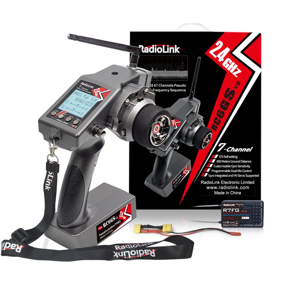 Radiolink RC6GS V3 7 Channels 2.4Ghz RC Transmitter and Receiver R7FG, Gyro Voltage Telemetry Waterproof RX, 30 Models Storage Surface Radio Remote Controller for RC Crawler, Boat, Drifting Car