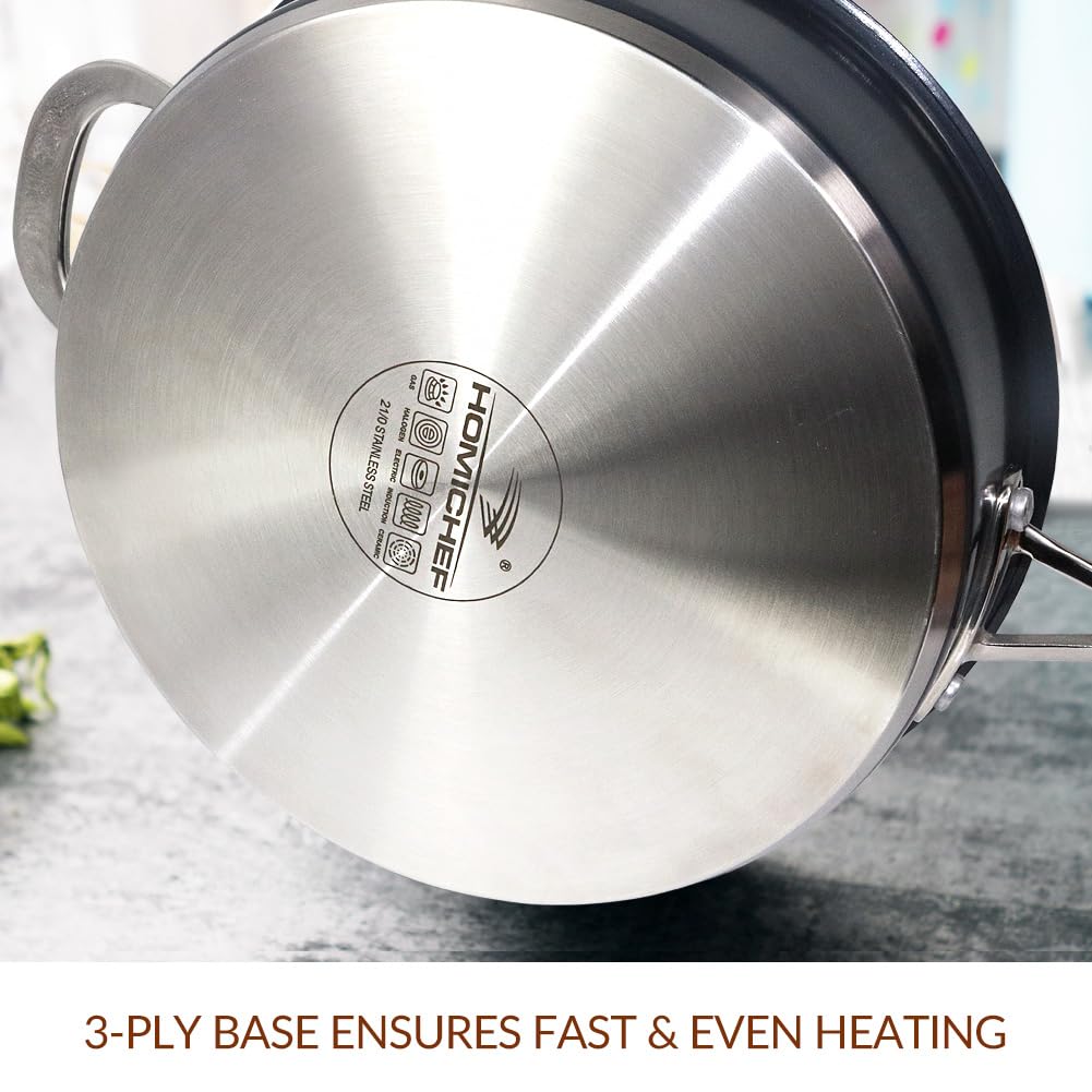 HOMICHEF 9.5 Inch Navy-Gray Nickel Free Stainless Steel Saute Pan with Lid - Premium Matte Polished Stainless Steel Pan with Glass Lid - 2.5 Quart Non Toxic Saute Pans