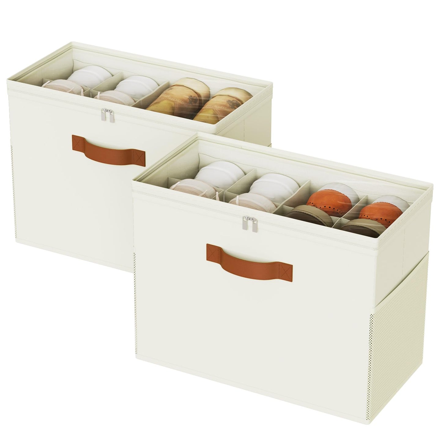 Oterri 2 Pack Shoe Storage Boxes, Shoes Organizer Bins Stackable Detachable Fit for Narrow Closet Shelves and Tight Corners, Shoeboxes with Clear Lids, Mesh Pockets and Sturdy Handles(Beige)