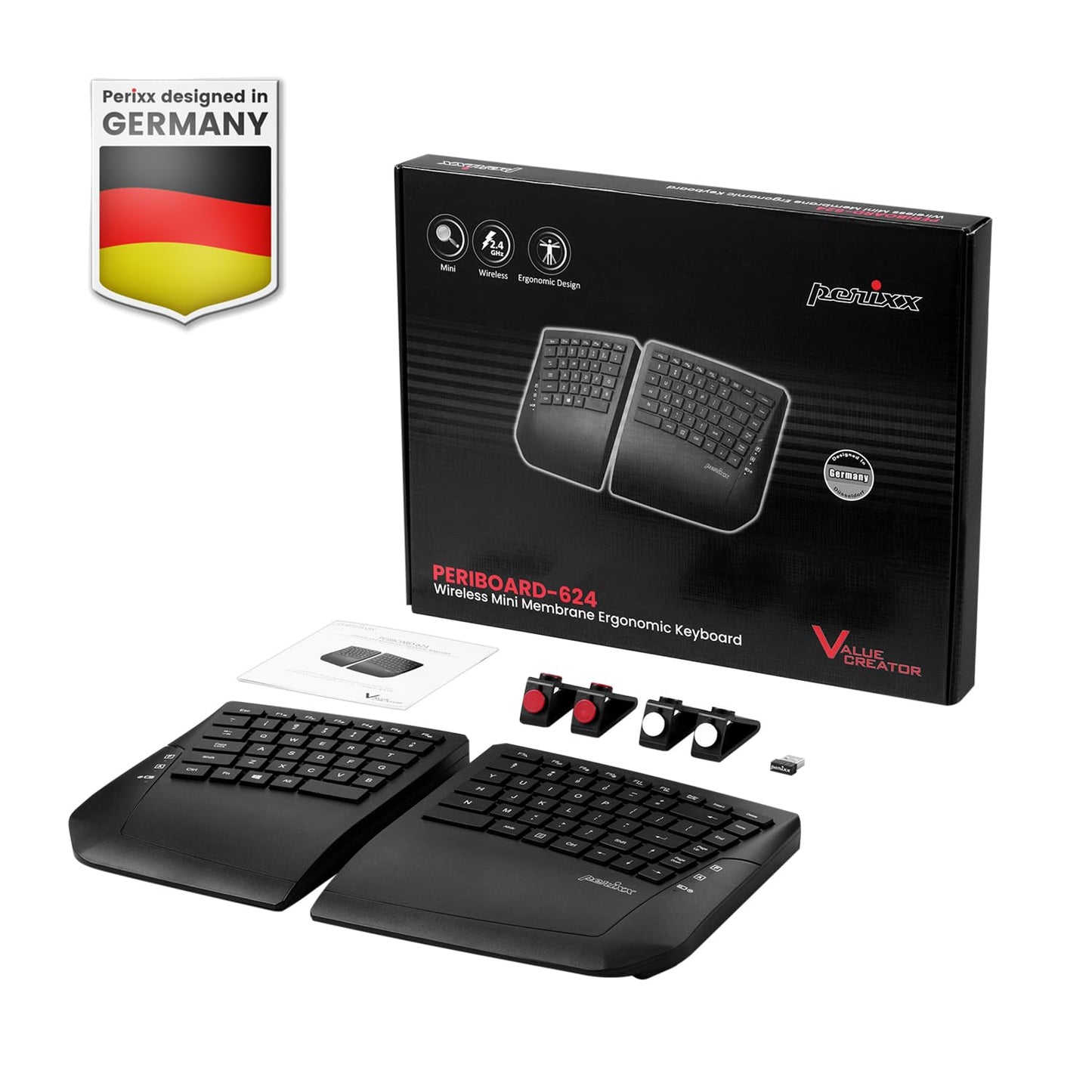PERIBOARD-624B - Wireless Ergonomic Split Keyboard - Flat Keys - Adjustable Tilt Angle - US English Layout