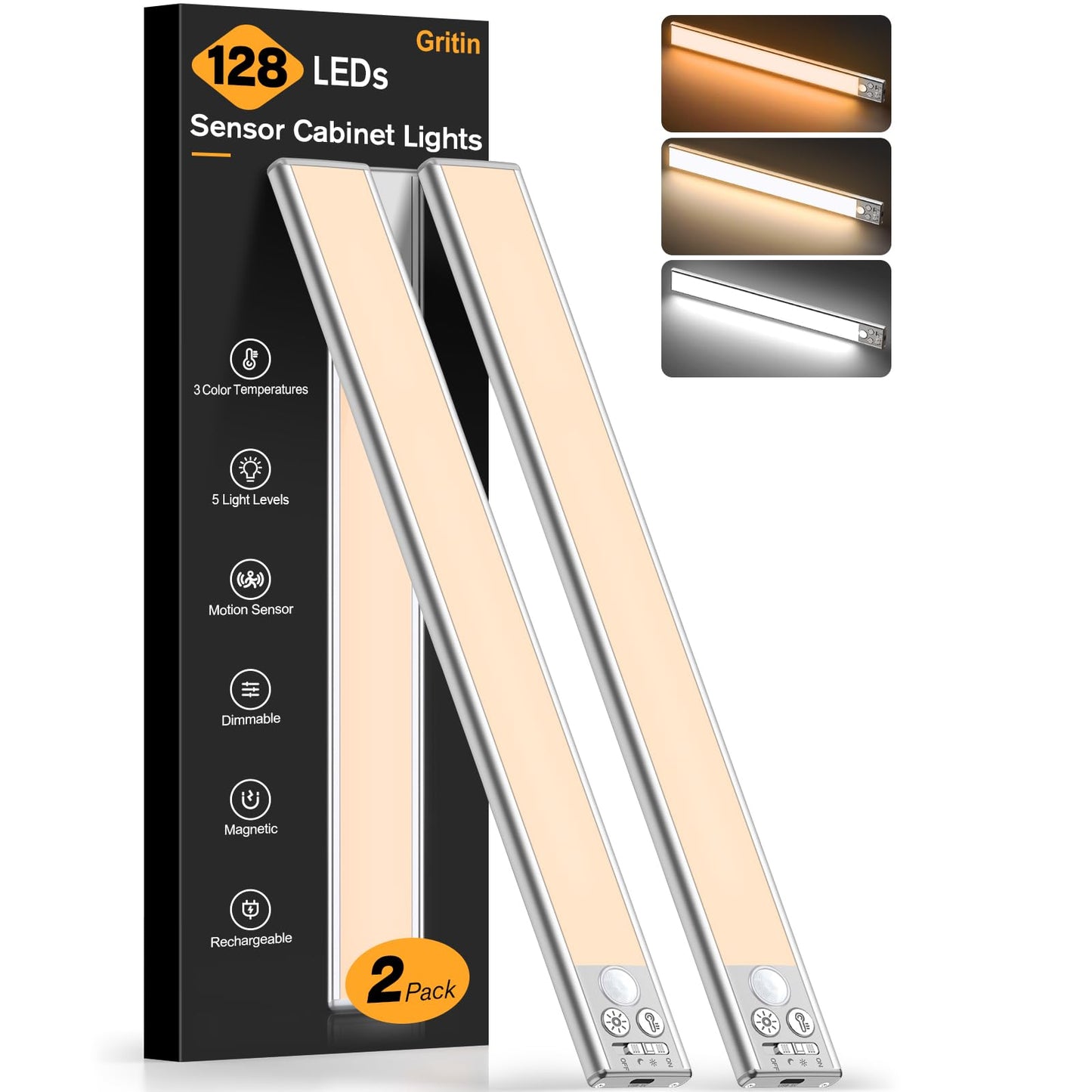 Gritin 14.7inch Under Cabinet Lighting Rechargeable 2 Pack-3 Color Temps&5 Level Brightness,Super Bright,4 Modes,Motion Sensor,Long Lasting-Easy Installation Wireless Magneti Closet Lights-Silver