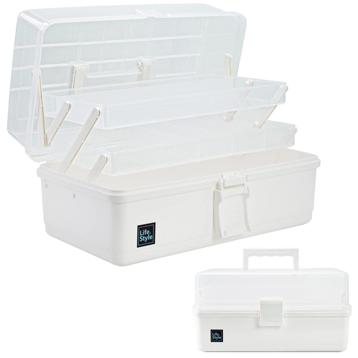 Creahaus 34cm Art Craft Organizer Storage Box with 3 Layers, Multifunctional Plastic Tool Box with Handle for Sewing, Makeup, Medicine, Nail, Hair Accessories (White)