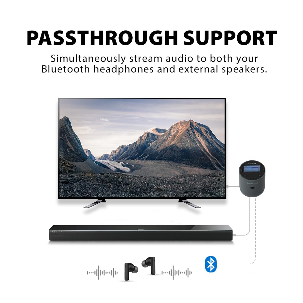 Avantree Orbit Pro - Bluetooth Transmitter for TV with Optical or AUX Audio Output (Incl. Smart TVs), Surround Sound, Easy Volume Control for Airpods & Other Headphones