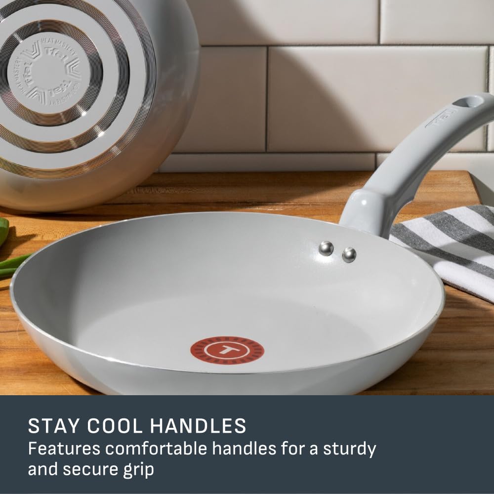T-FAL Refresh Ceramic Cookware Set, 2-Piece Fry Pan Set, 8 Inch (20 cm) & 10 Inch (26 cm), Nonstick Ceramic Pans for Healthy Cooking, Durable Eco-Friendly Ceramic Refresh Cookware, Moon Grey.