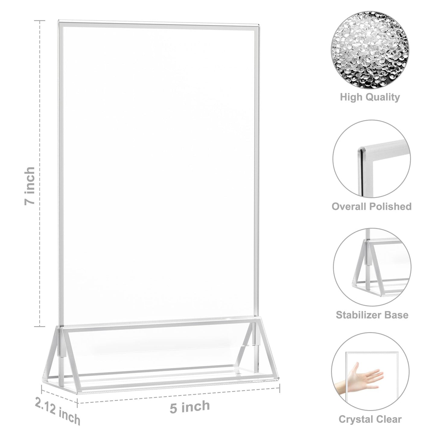 EHWINE 12 Pack Acrylic Sign Holder 5 x 7, Double Sided Silver Picture Frame Stand up Table Top Sign Holders, Clear Display Stand Menu Flyer Holder for Wedding Party (Provide Non-slip Mats)