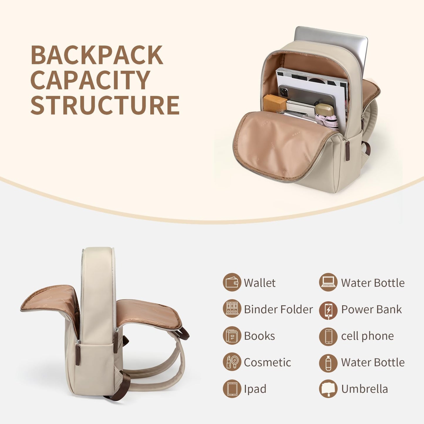 Womens Laptop Backpack with Separate Laptop Compartment Water Resistant Computer Backpacks Fits 15.6 Inch Notebook Travel Work College Bags (Apricot)