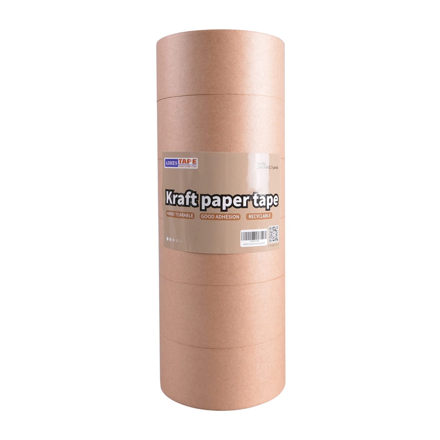 ADHES Heavy Duty Paper Packing Tape Kraft Paper Tape, Eco Friendly & Biodegradable, Writable & Uncoated Brown Packing Tape for Masking, Sealing, and Packaging Use, 2 Inch x 43 Yards, 6 Rolls