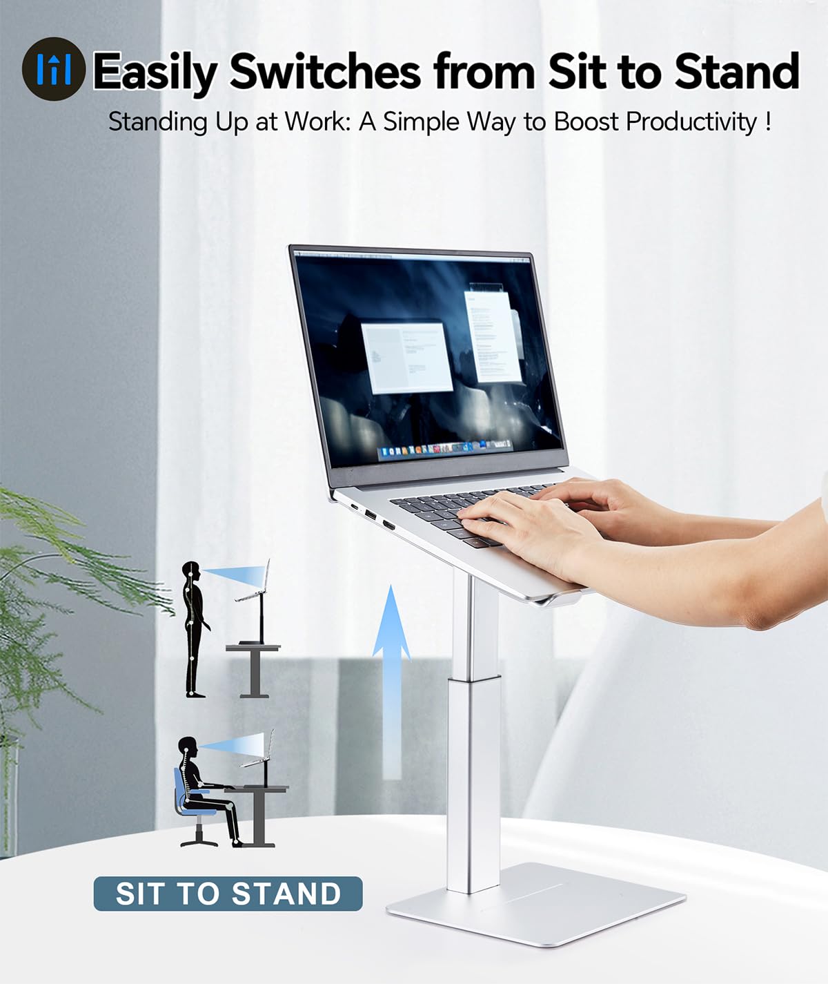 Supamir Adjustable Laptop Stand for Desk, DJ Laotop Riser, Ergonomic Small Sit to Stand Desk Converter, Support Working on Computer Standing, Compatible with MacBook and All 13"-16.5" Laptops, Silver