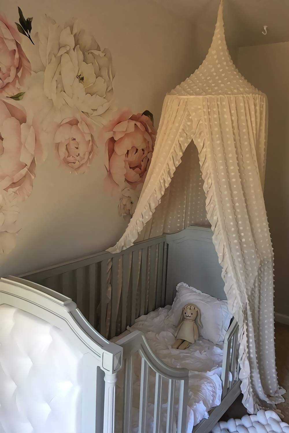 Wonder Space Elegant Kids Bed Canopy - Lace Chiffon Netting with Pom Pom, Princess Girls Fairy Dream Tent, Nursery Room Baby Crib Hanging Mosquito Net Children Reading Nook Decoration, Beige