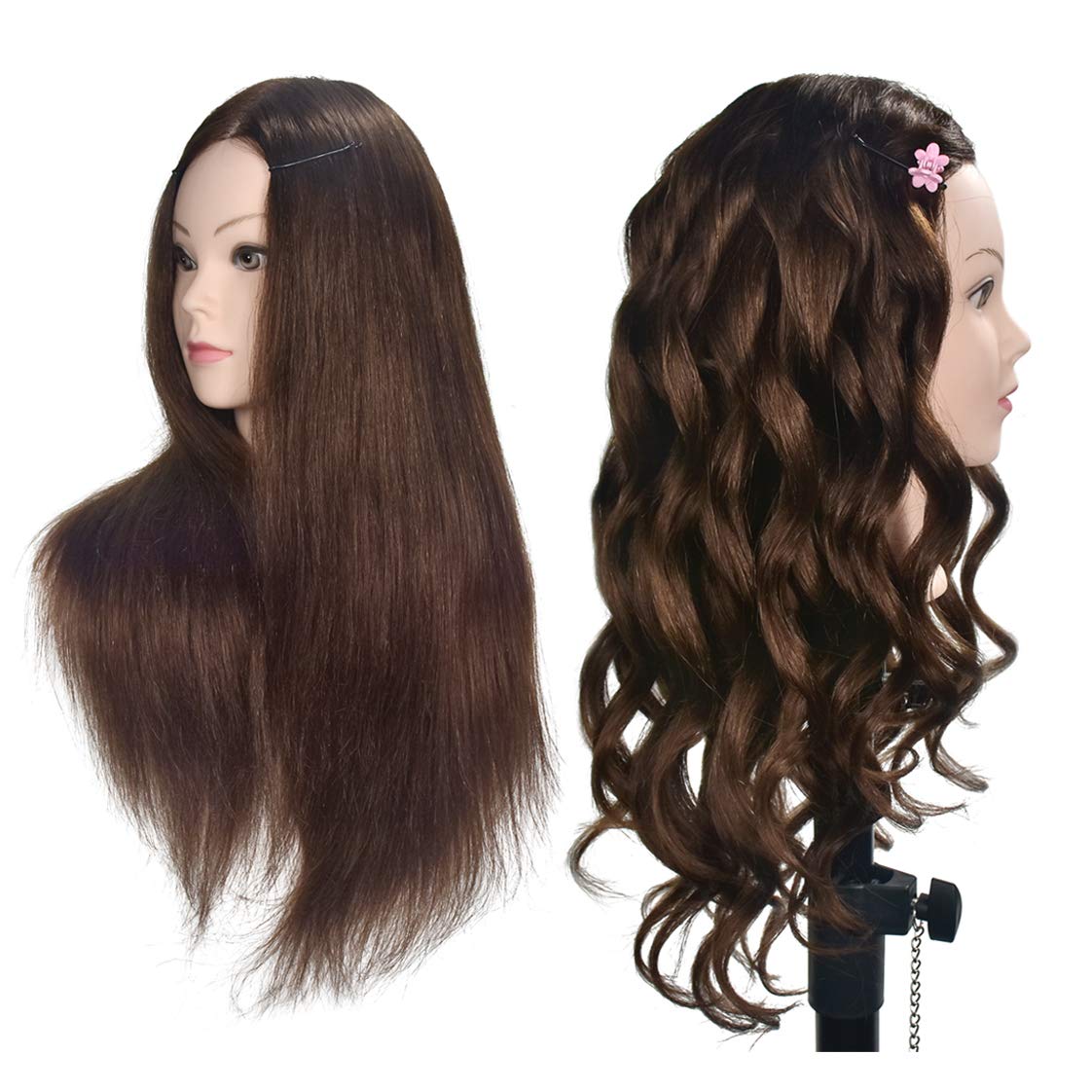 20" -22" Training Head with Human Hair Mannequin Head Manikin Doll Head for Brading Hair Hairdressing Hair Styling Head with Free Table Clamp