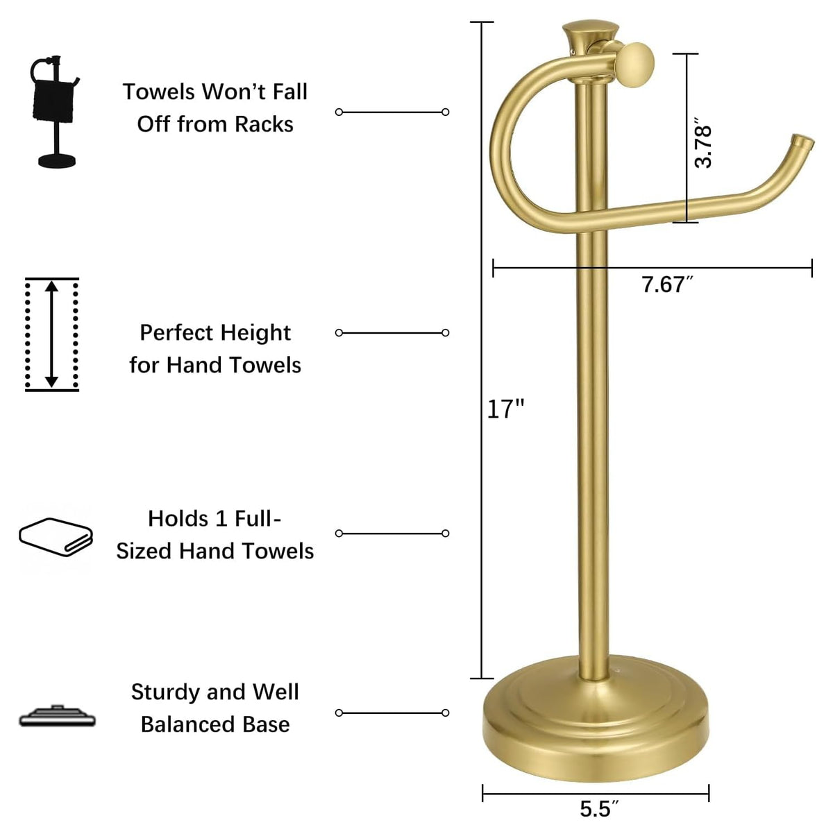 BESy 17 Inch Brushed Gold Stand Towel Bar Hanger Hand Towel Bar Bathroom Vanity Countertop Towel Holder Free Standing Stainless Steel Towel Ring Hardware Accessories Towel Rack