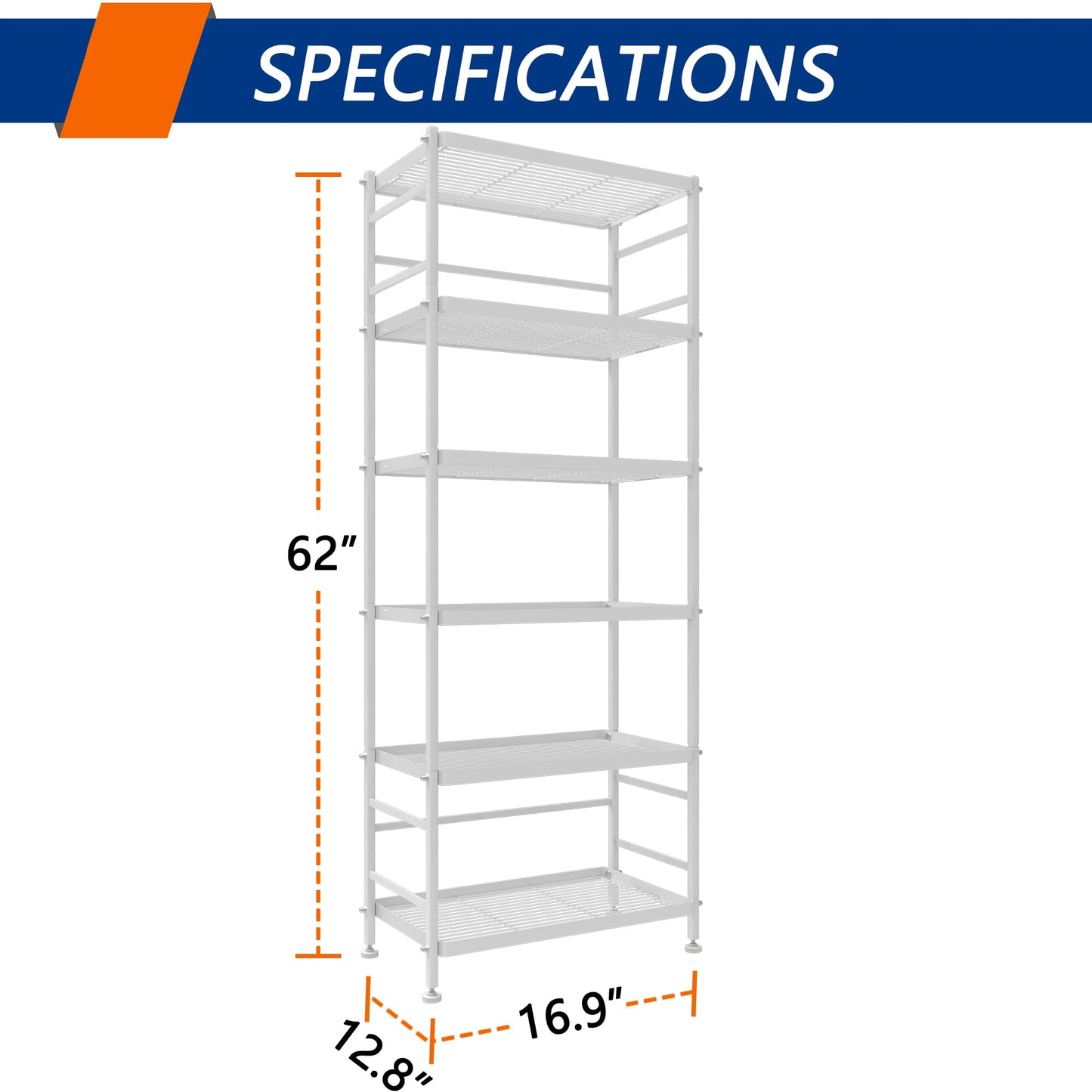 6 Tire Wire Shelving Metal Storage Rack Shelves, Standing Storage Shelf Units for Laundry Bathroom Kitchen Pantry Closet (White)