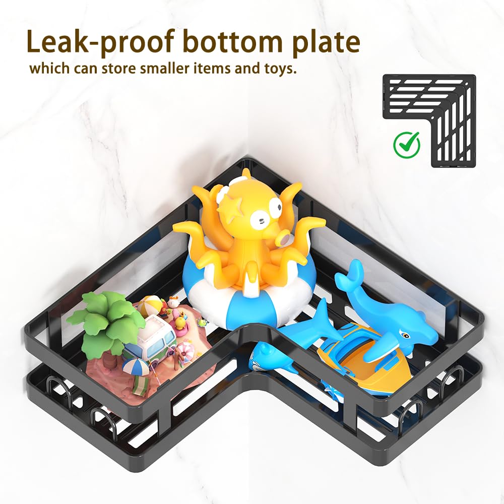 Gabeeriso Shower Caddy Corner, Bathroom Organizers Soap Holder Shower Shelves 2-in-1, Bathroom Shelves with 18 Hooks, Rust-Resistant Adhesive Shower Shelf No Drilling. (L-Shaped Black 3-Pack)