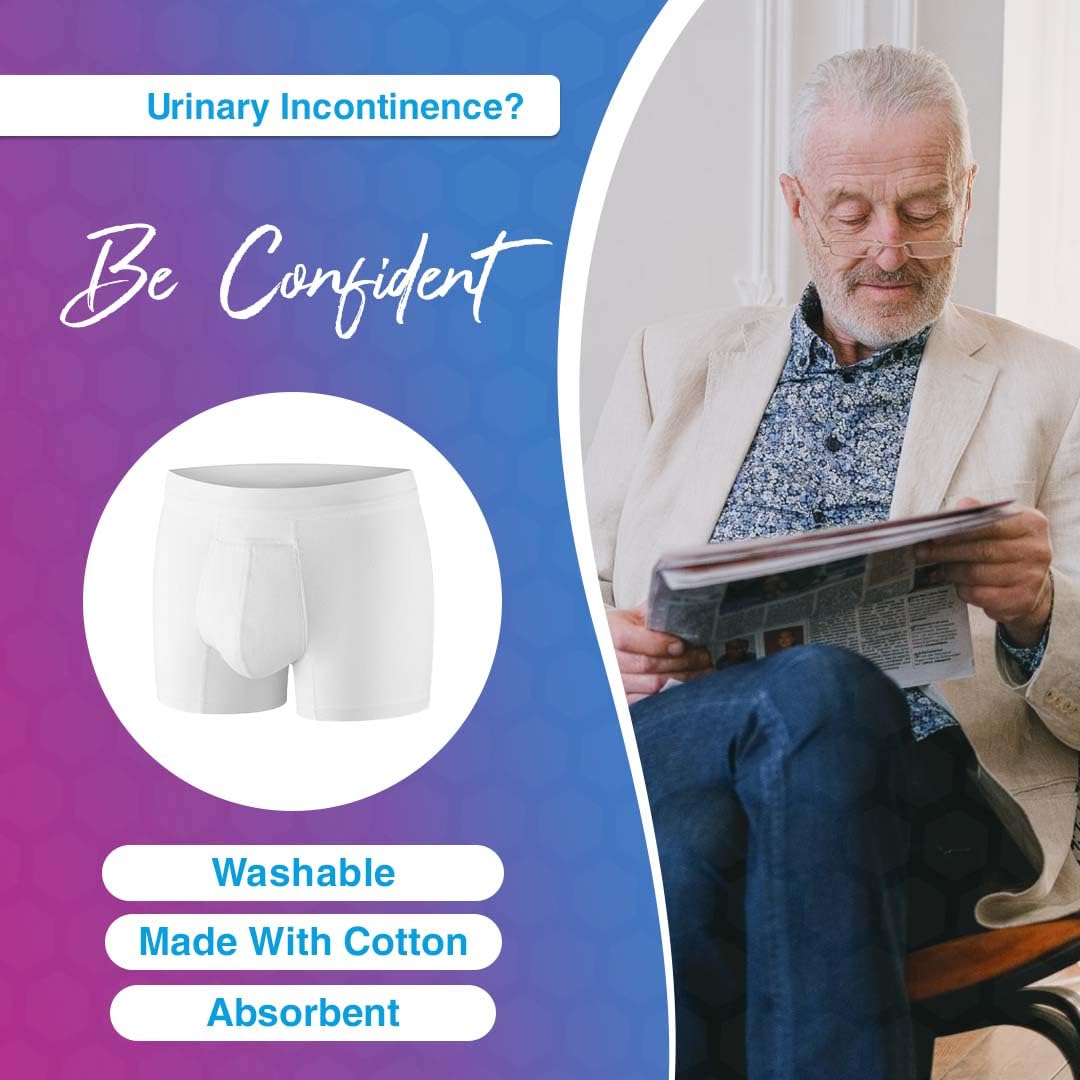 PROTECHDRY Washable & Reusable Cotton Underwear Boxer Brief with Front Absorbent Area for Urinary Incontinence, Black Large