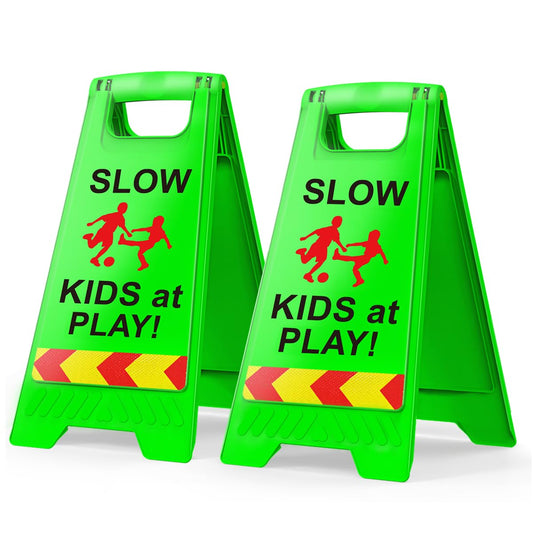 2 Pack Kids at Play Safety Signs for Street, Children at Play Safety Signs with Reflective Tape 17.5" Height Double-Sided Easier to Identify, Slow Down Kids at Play Sign for Street Neighborhoods Commuity(Green)