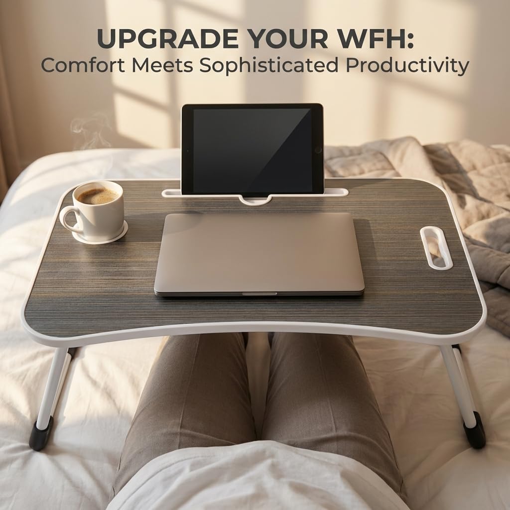 BUYIFY Folding Lap Desk, 23 Inch Portable Wood Black Laptop Bed Desk Lap Desk with Cup Holder, for Working Reading Writing, Eating, Watching Movies for Bed Sofa Couch Floor-XRP1