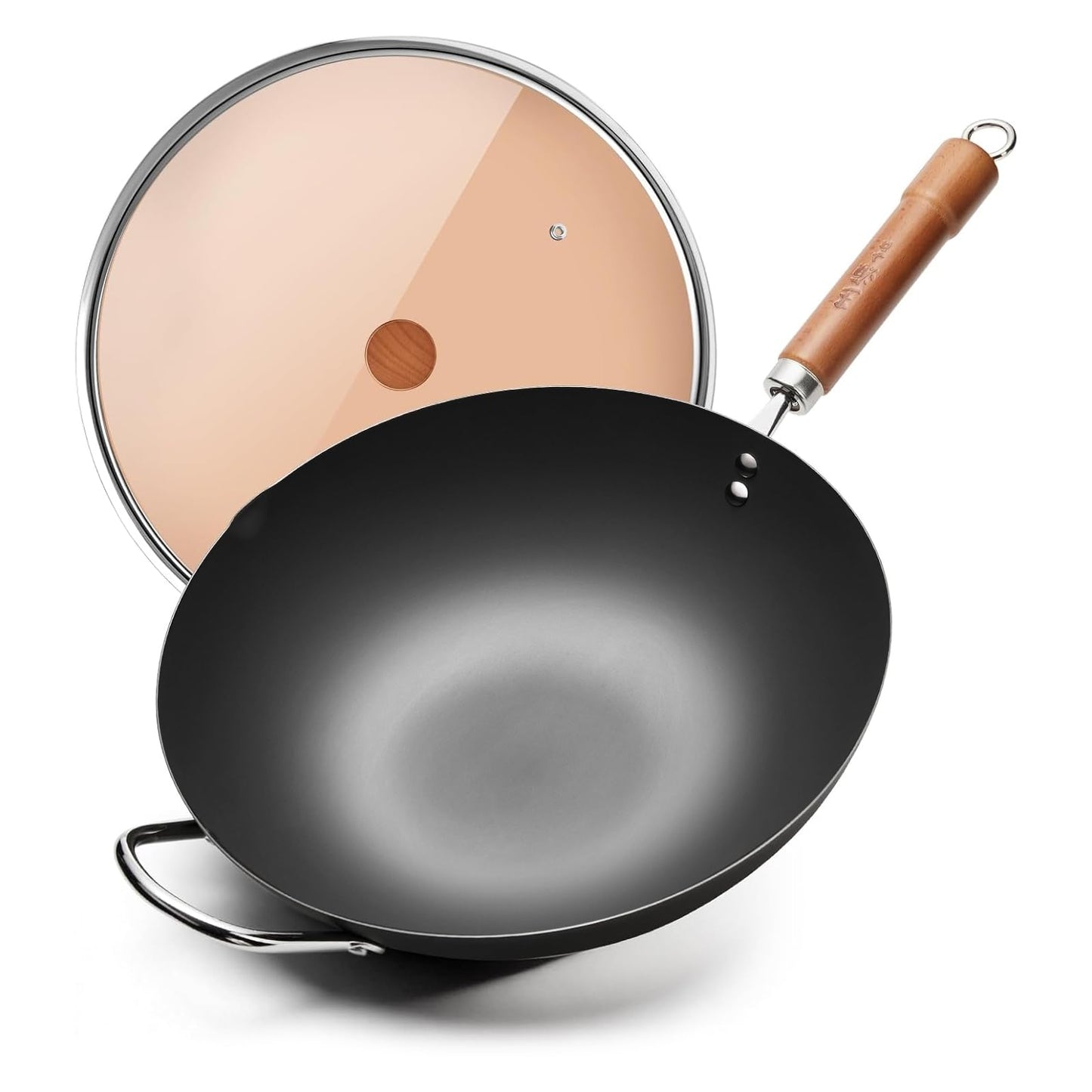 WANGYUANJI Carbon Steel Wok Pan, 12.6" Woks & Stir-Fry Pans with Glass Lid No Chemical Coated Flat Bottom Iron Wok for Induction, Electric, Gas, Halogen All Stoves