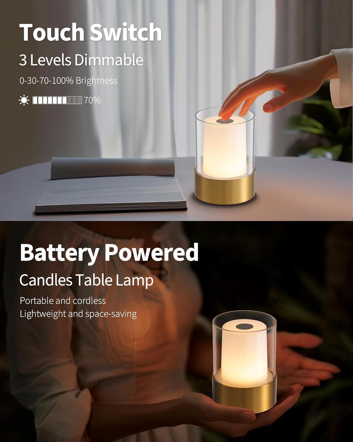 PUSU 4" Rechargeable Cordless Table Lamp | 2 Pack, Bronze - Battery Operated | Touch Control | Adjustable Brightness | LED | Portable | Outdoor & Indoor | Living Room | Bedside | Camping | Bar | Party