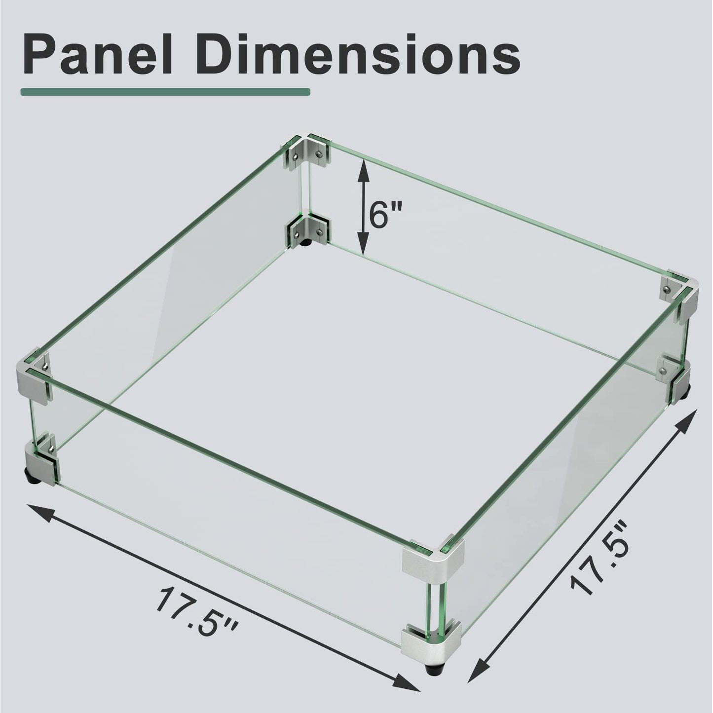 GASPRO 17.5" x 17.5"x 17.5" Square Fire Pit Glass Wind Guard for Square Fire Pit Table, 5/16inch Thickness, Clear Tempered Glass Panel with Hard Aluminum Corner Bracket & Rubber Feet