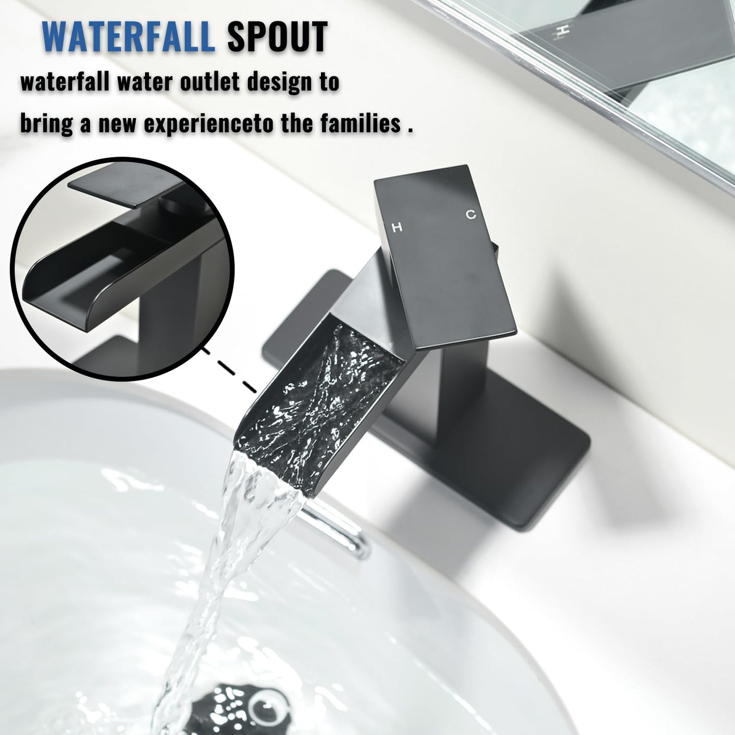 Matte Black Waterfall Bathroom Faucet, Single Handle Stainless Steel Bathroom Sink Faucet for 1 or 3 Hole, Rv Vanity Camper Farmhouse Lavatory Faucets with Pop-up Drain and Deck Plate, KMBF014B